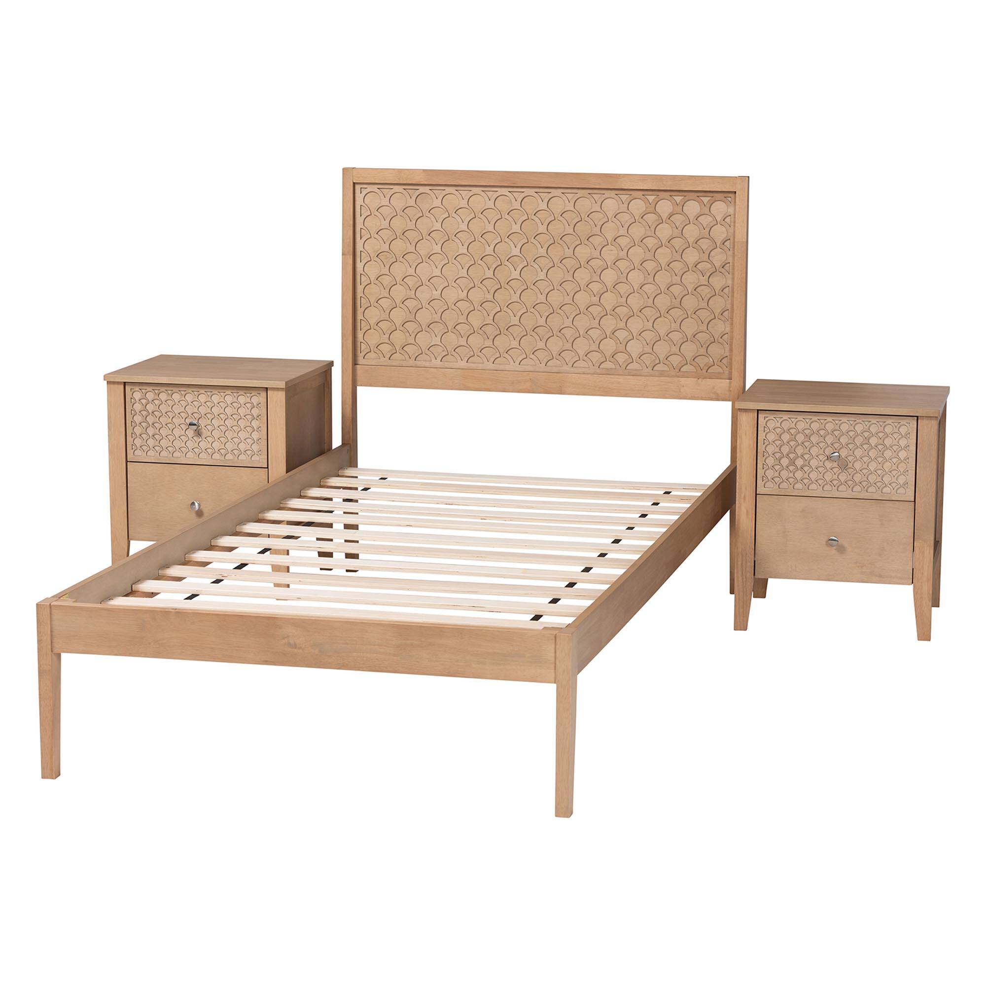 Angle. Baxton Studio - Lara Twin 3-Piece Bedroom Set - Modern Wood Bed Frame with Matching Nightstands - Oak Brown.