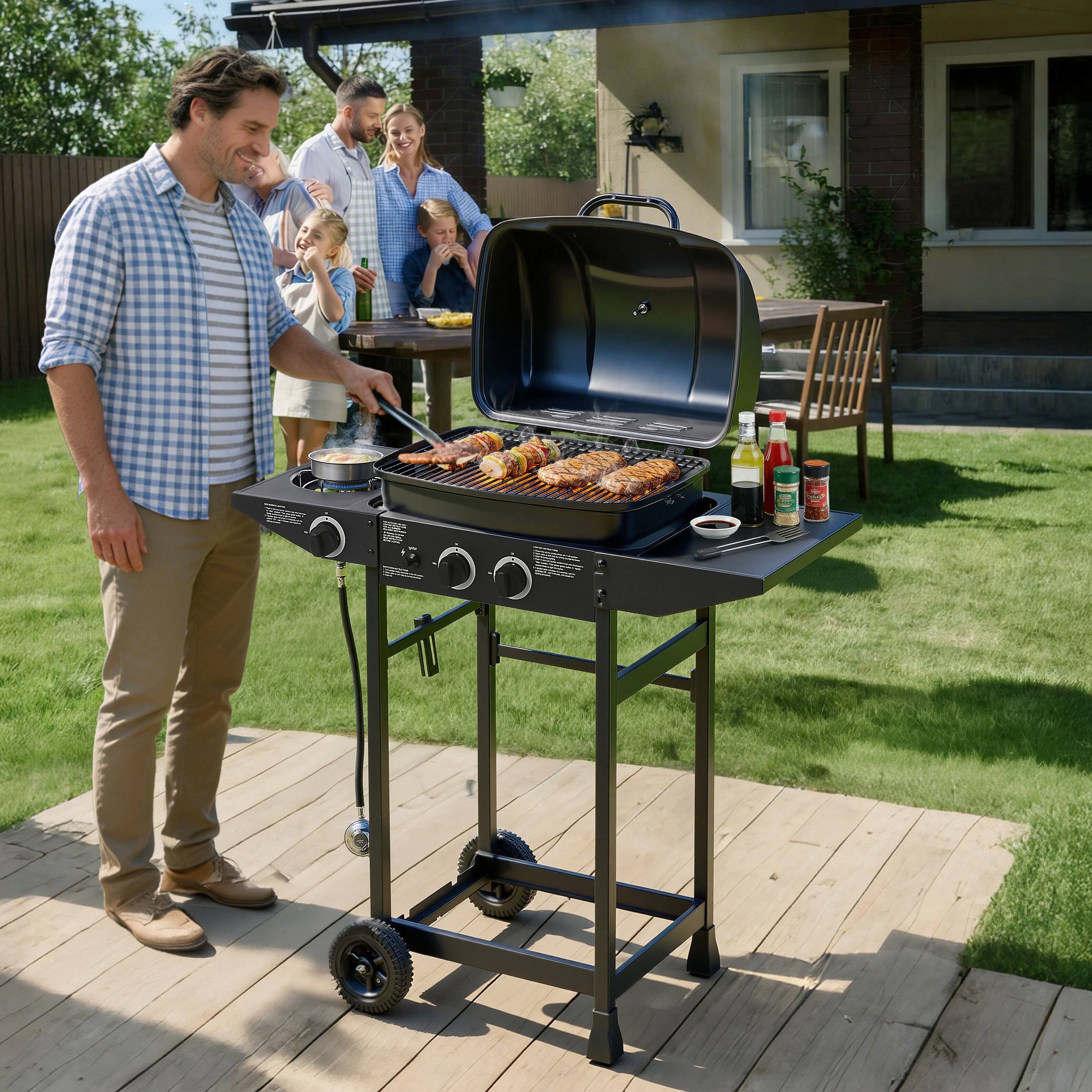Angle. Anysun - Anysun 2-Burner Propane Gas Grill with Side Burner, Enameled Grates and Side Tables, 24,000 BTU Output - Black.