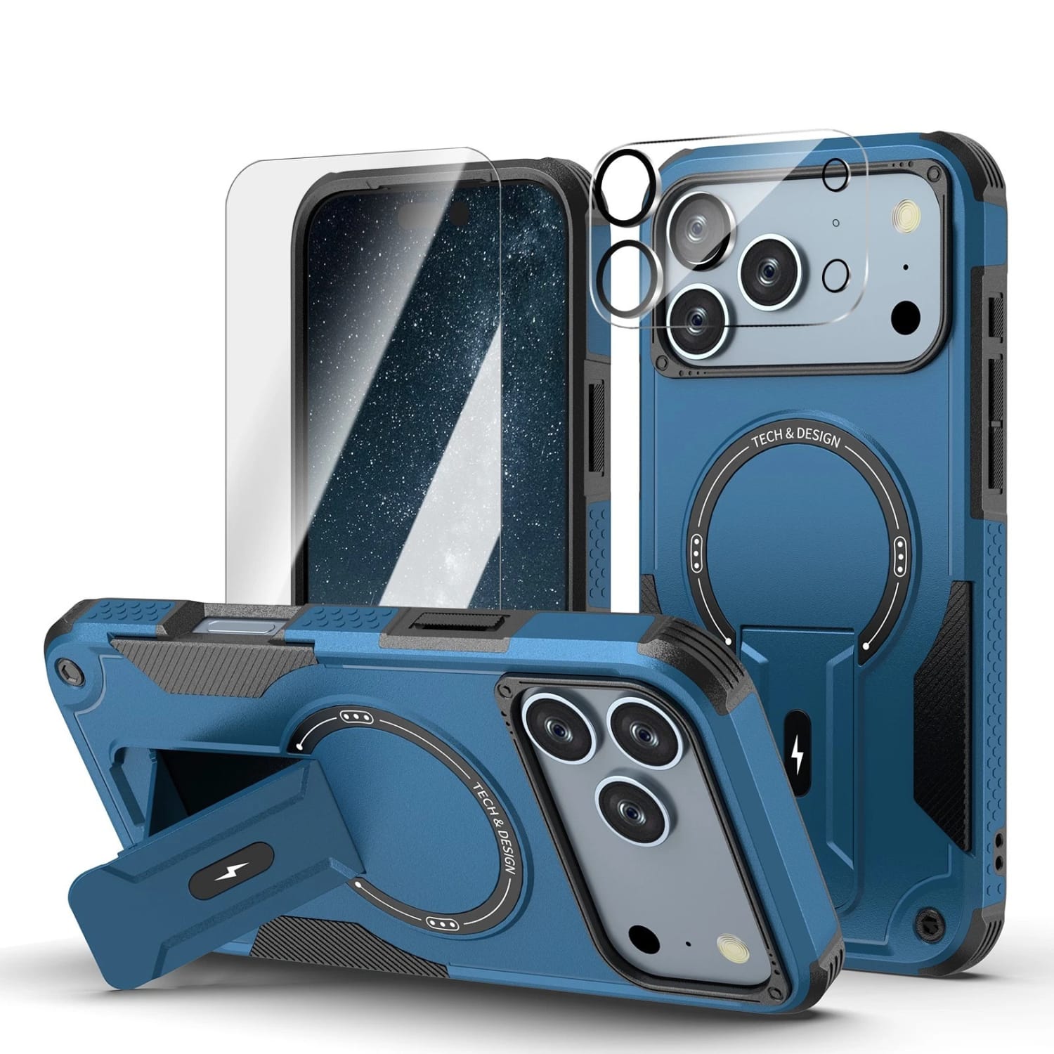Stock Preferred - iPhone 17 Rugged Magnetic Case with Kickstand, Screen Protector & Camera Lens Cover - Deep Blue