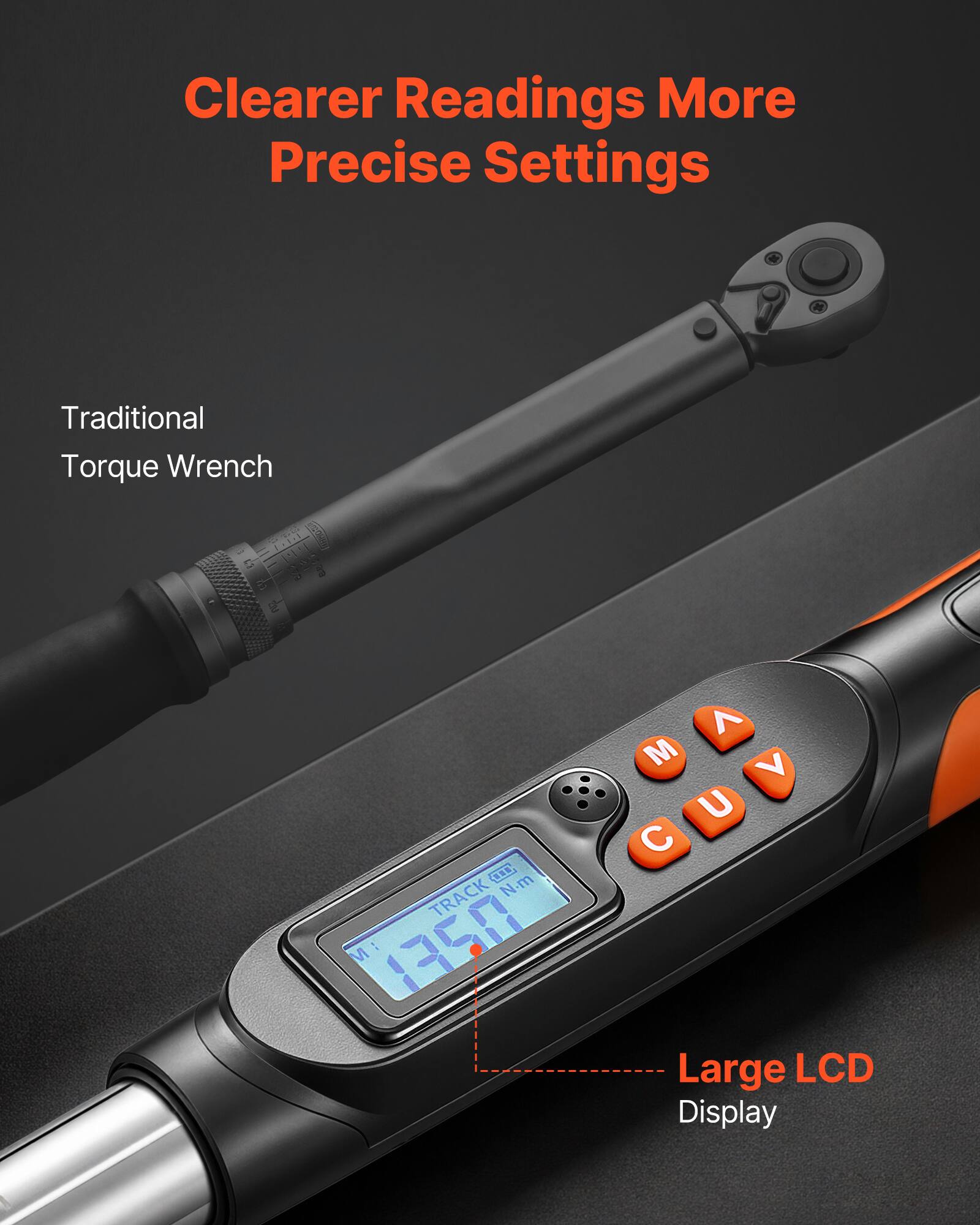 Clearer Readings More Precise Settings  
Traditional Torque Wrench  
K TRACK  
N.m  
M: 1350  
Large LCD Display