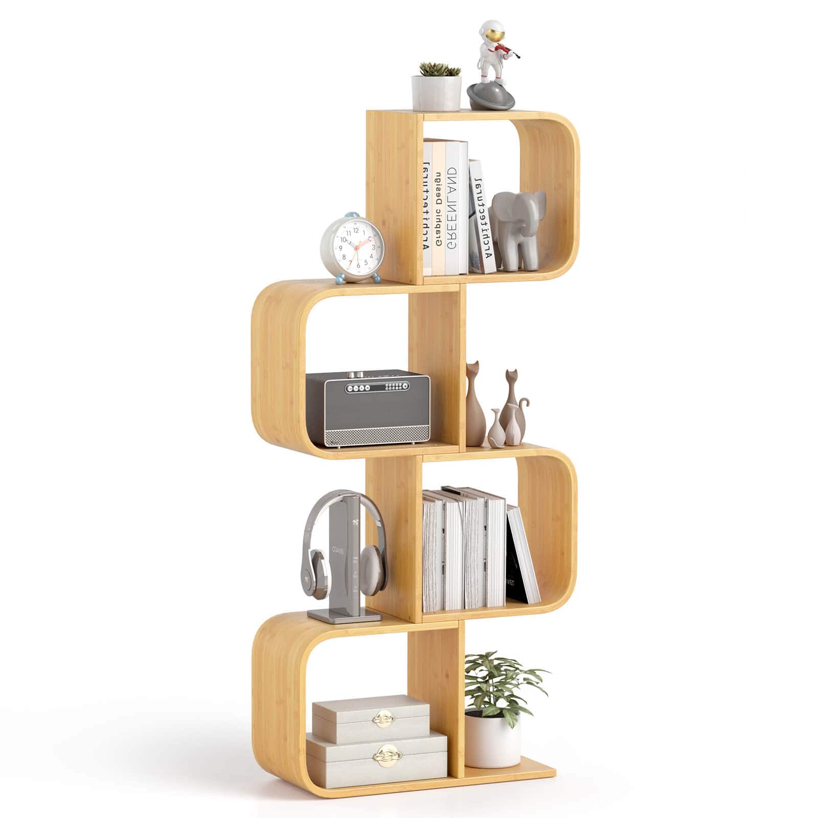 Costway - 1 PCS 4-Tier S-Shaped Bookcase with 4 Open Cubes Geometric Corner Display Shelf - Natural