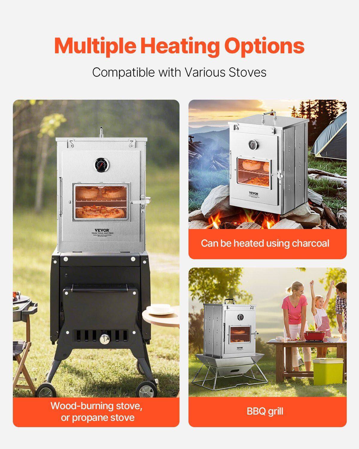 Multiple Heating Options  
Compatible with Various Stoves  

- Can be heated using charcoal  
- Wood-burning stove, or propane stove  
- BBQ grill