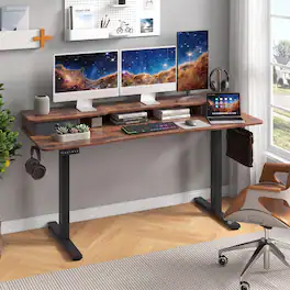 WELLFOR - 63" Height Adjustable Sit Stand Computer Desk with 2 Drawers & Hanging Hooks, Sit Stand Home Office Desk - Black
