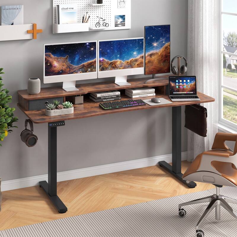 WELLFOR - 63" Height Adjustable Sit Stand Computer Desk with 2 Drawers & Hanging Hooks, Sit Stand Home Office Desk - Black