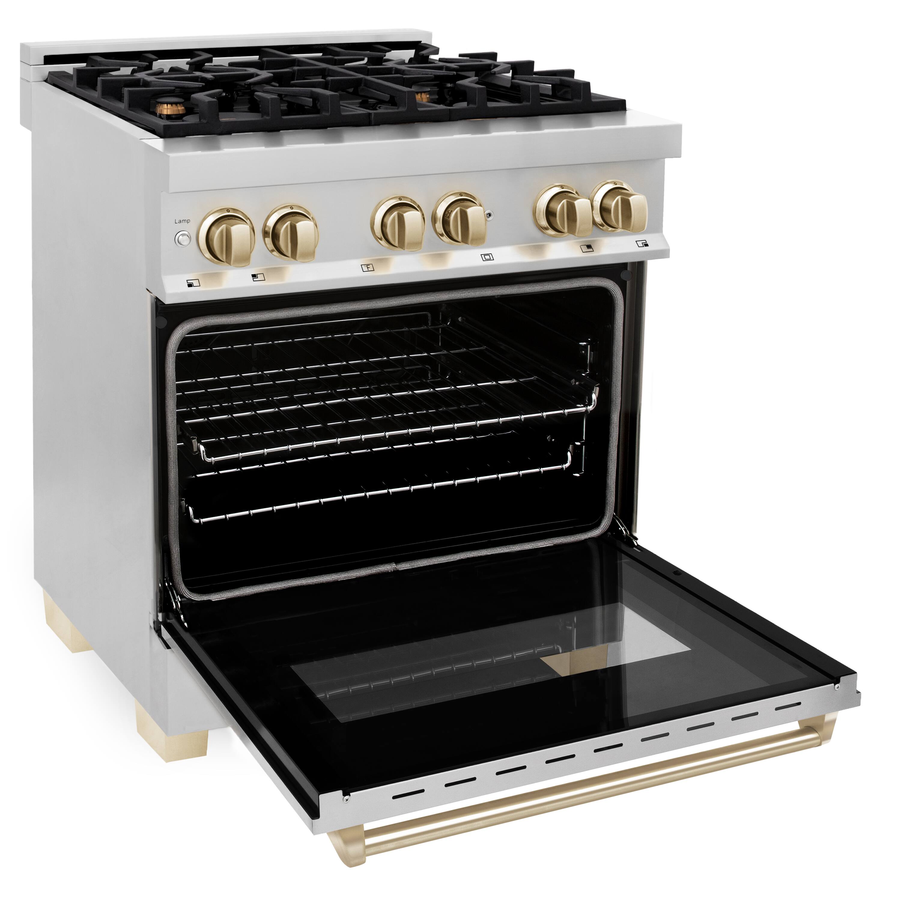 Left. ZLINE - Autograph 30" Legacy Dual Fuel Range w/ 4 Burners & Polished Gold Accents (RAZ-30-G) - Stainless Steel/Polished Gold Accents.