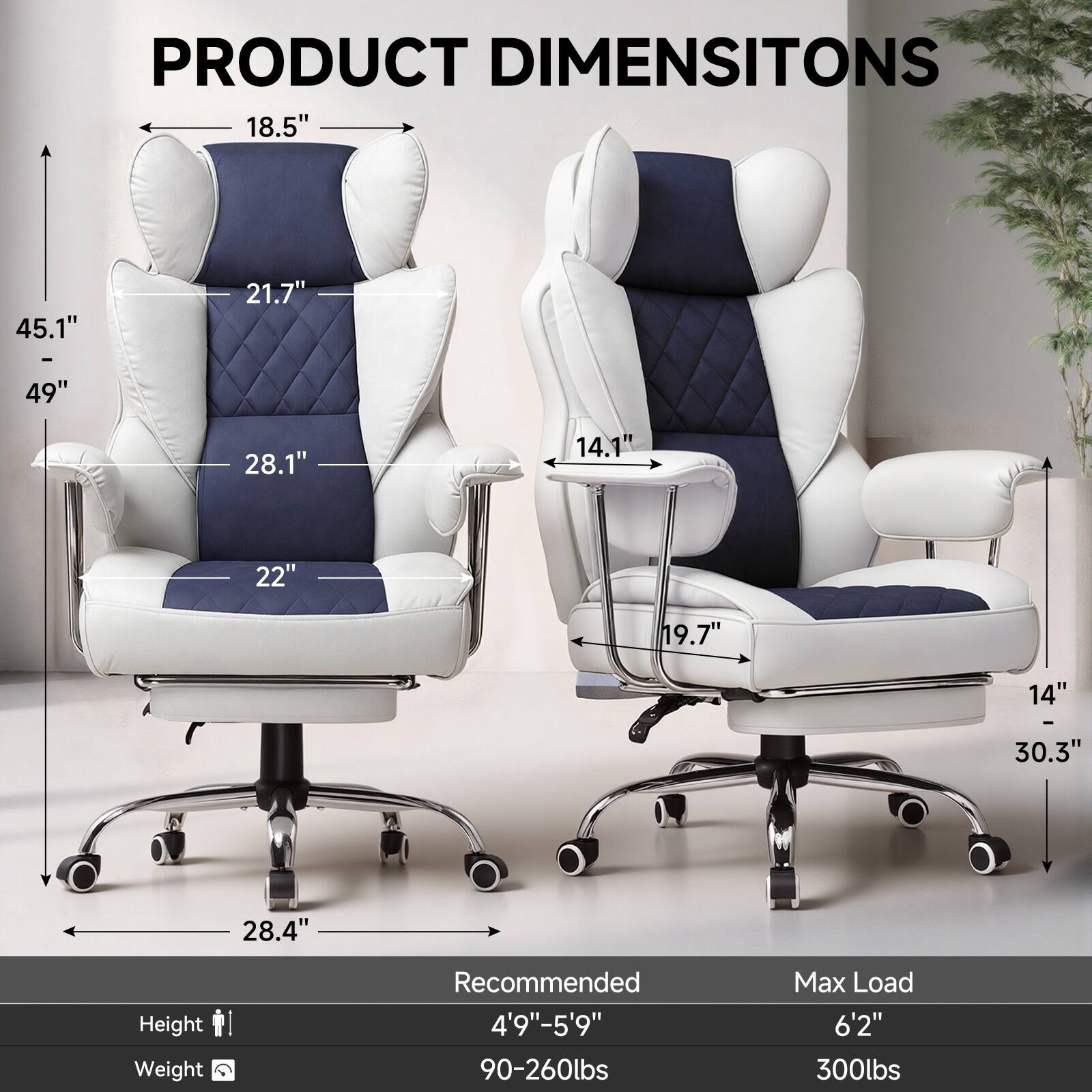 PRODUCT DIMENSIONS  
18.5" 45.1" 21.7" 49" 28.1" 14.1" 22" 19.7" 14" - 30.3" 28.4"  

Recommended  
Height: 4'9"-5'9"  
Weight: 90-260lbs  

Max Load  
Height: 6'2"  
Weight: 300lbs