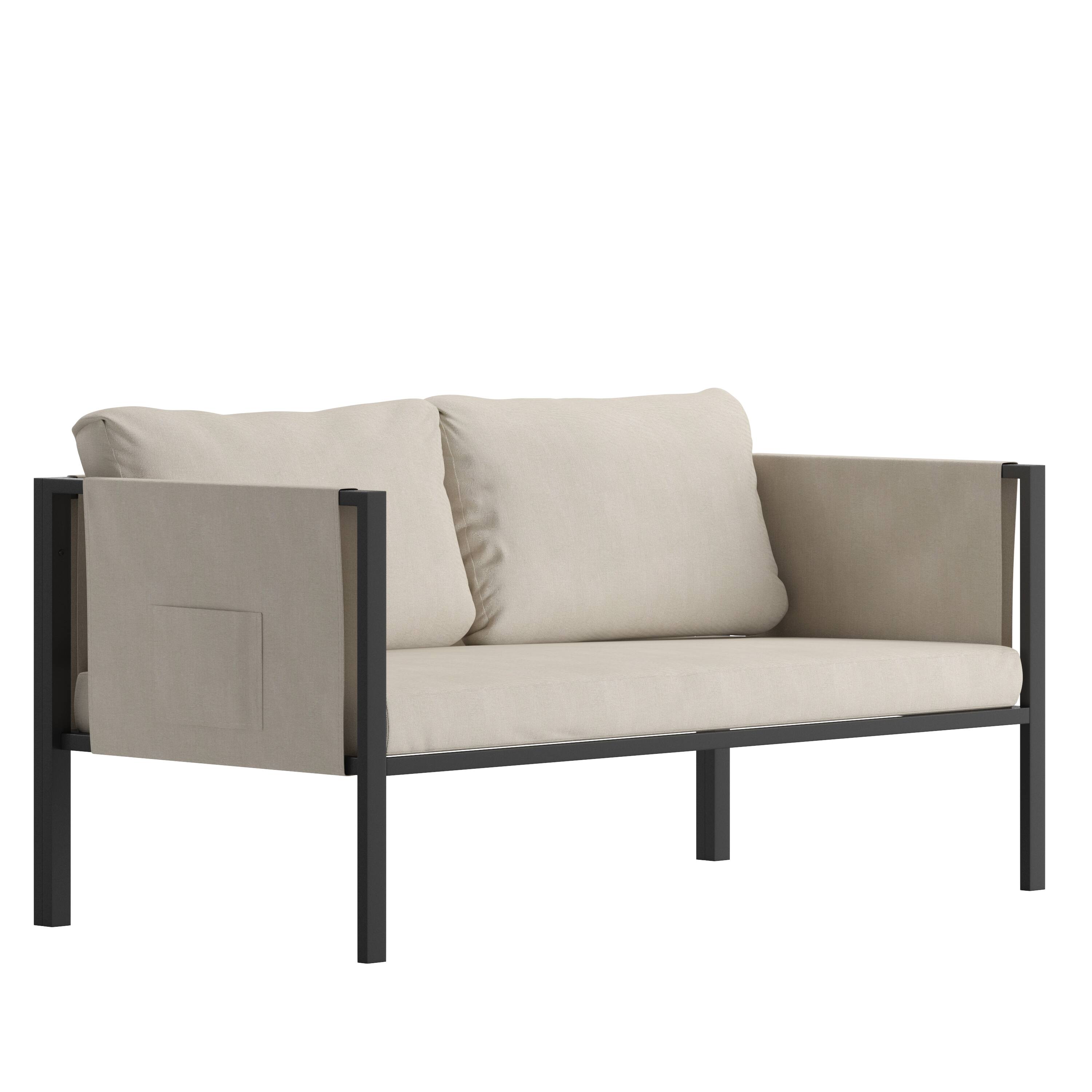 Front. Alamont Home - Lea Indoor/Outdoor Loveseat with Cushions - Modern Steel Framed Chair with Storage Pockets - Light Gray.