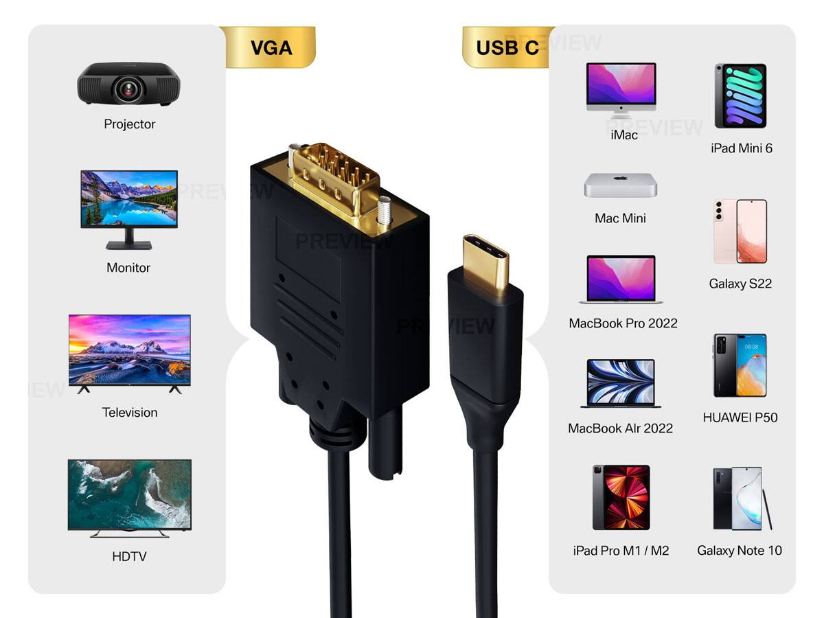 VGA USB C VIEW

Projector  
Monitor  
Television  
HDTV  
iMac  
iPad Mini 6  
Mac Mini  
Galaxy S22  
MacBook Pro 2022  
MacBook Air 2022  
HUAWEI P50  
iPad Pro M1 / M2  
Galaxy Note 10