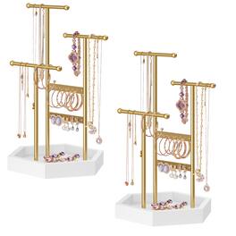 Songmics Home - Set of 2 Jewelry Holders Organizers, 3 Tiers and 1 Tray, Jewelry Display Stands with Metal Frame - Pale Gold and White