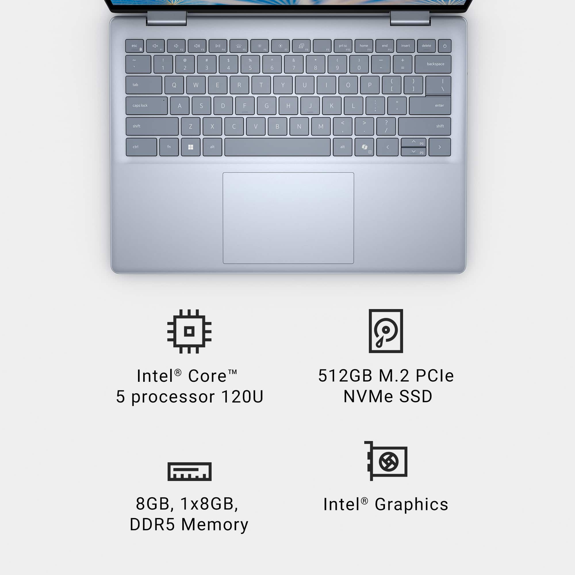 The image features a laptop with a keyboard and a touchpad. The laptop is equipped with an Intel Core processor, 512GB M.2 PCle NVMe SSD, and 8GB DDR5 memory. Additionally, it has Intel Graphics, making it a powerful and efficient device for various tasks.