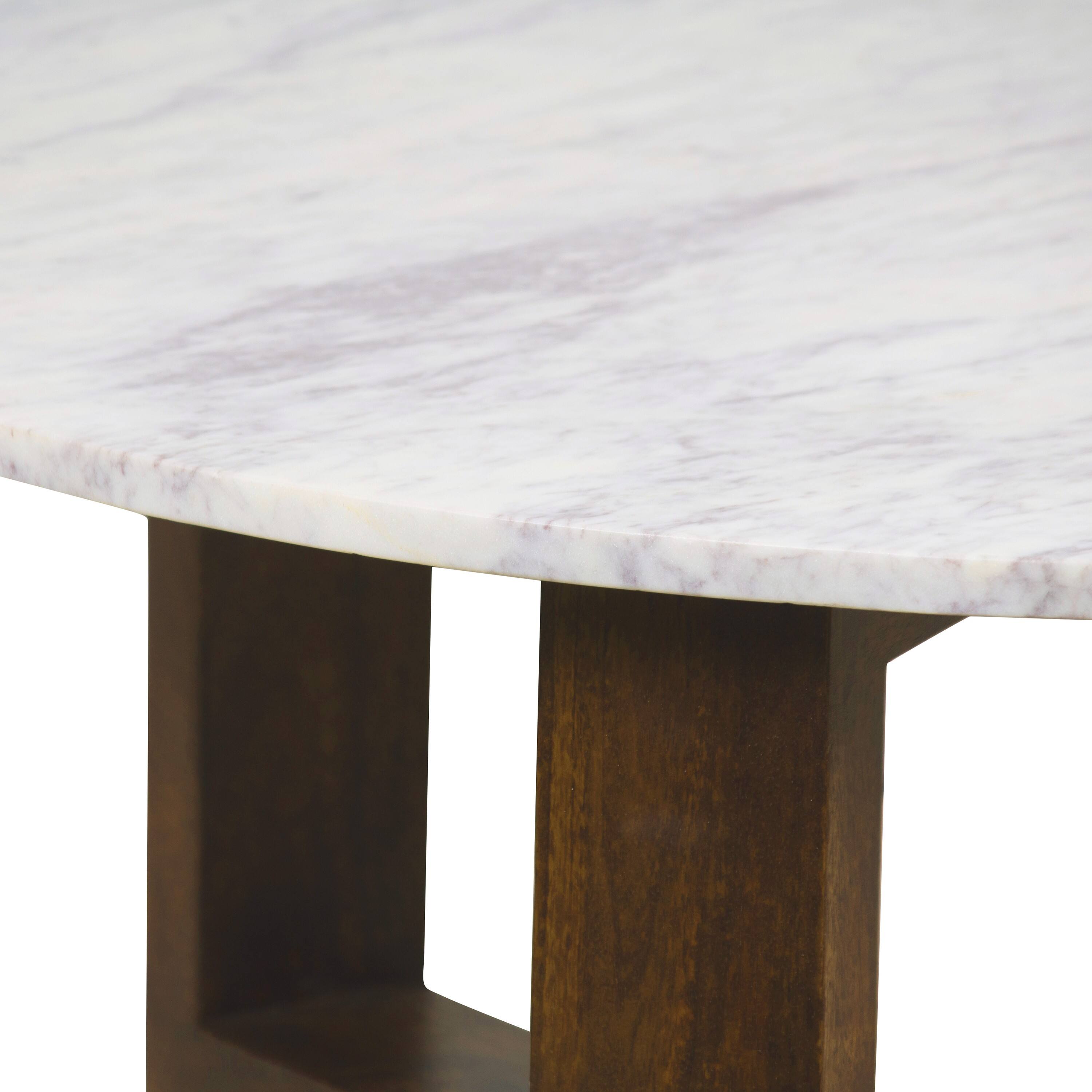 Left. Manhattan Lane - Fina 38 Inch Round Coffee Table, White Genuine Marble Top, Natural Brown Mango Wood 3 Leg Sled Base - White, Natural Brown.