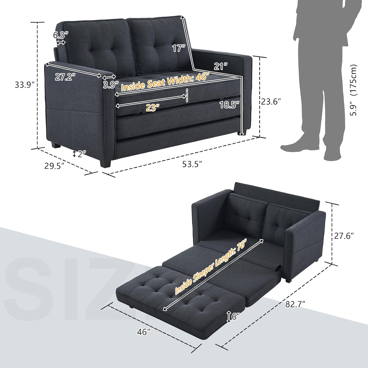 33.9" 6.3" 27.2" 17" 21" Width: 46" 3.9" Inside Seat 23" 18.5" 23.6" (175cm) 5.9" 29.5" 12" 53.5" 76" Length: Sleeper SIZ Inside 16" 46" 82.7" 27.6"