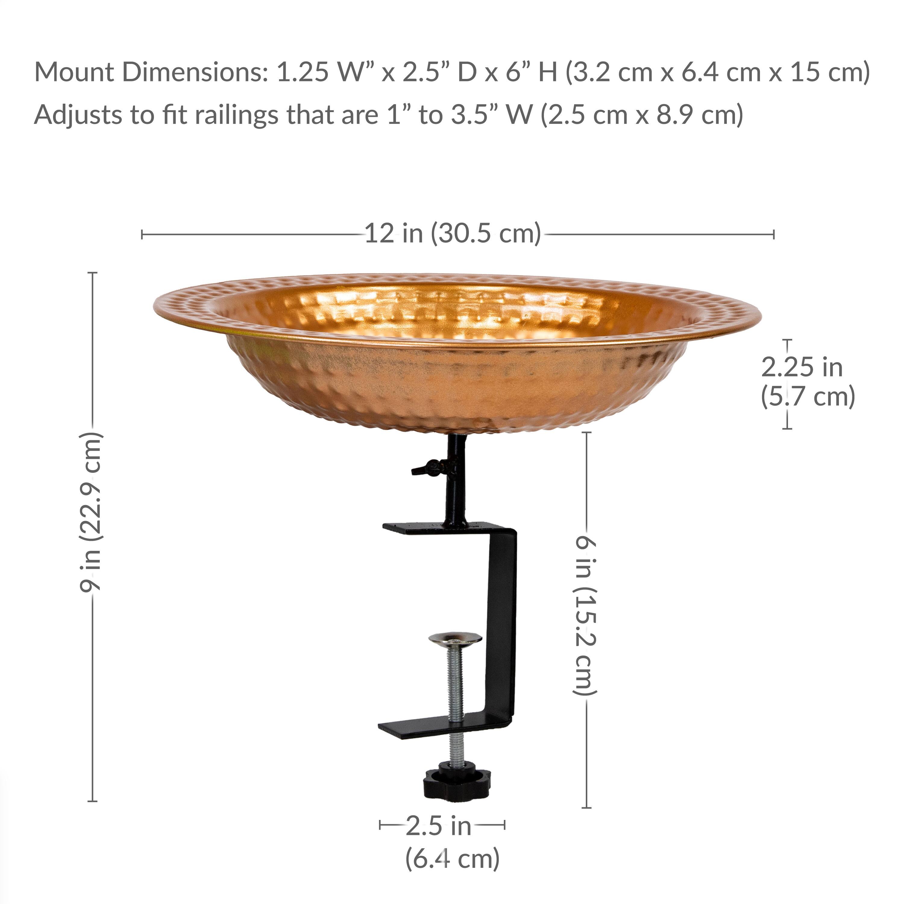 Mount Dimensions: 1.25 W" x 2.5" D x 6" H (3.2 cm x 6.4 cm x 15 cm)  
Adjusts to fit railings that are 1" to 3.5" W (2.5 cm x 8.9 cm)  

- 12 in (30.5 cm)  
- 9 in (22.9 cm)  
- 6 in (15.2 cm)  
- 2.25 in (5.7 cm)  
- 2.5 in (6.4 cm)