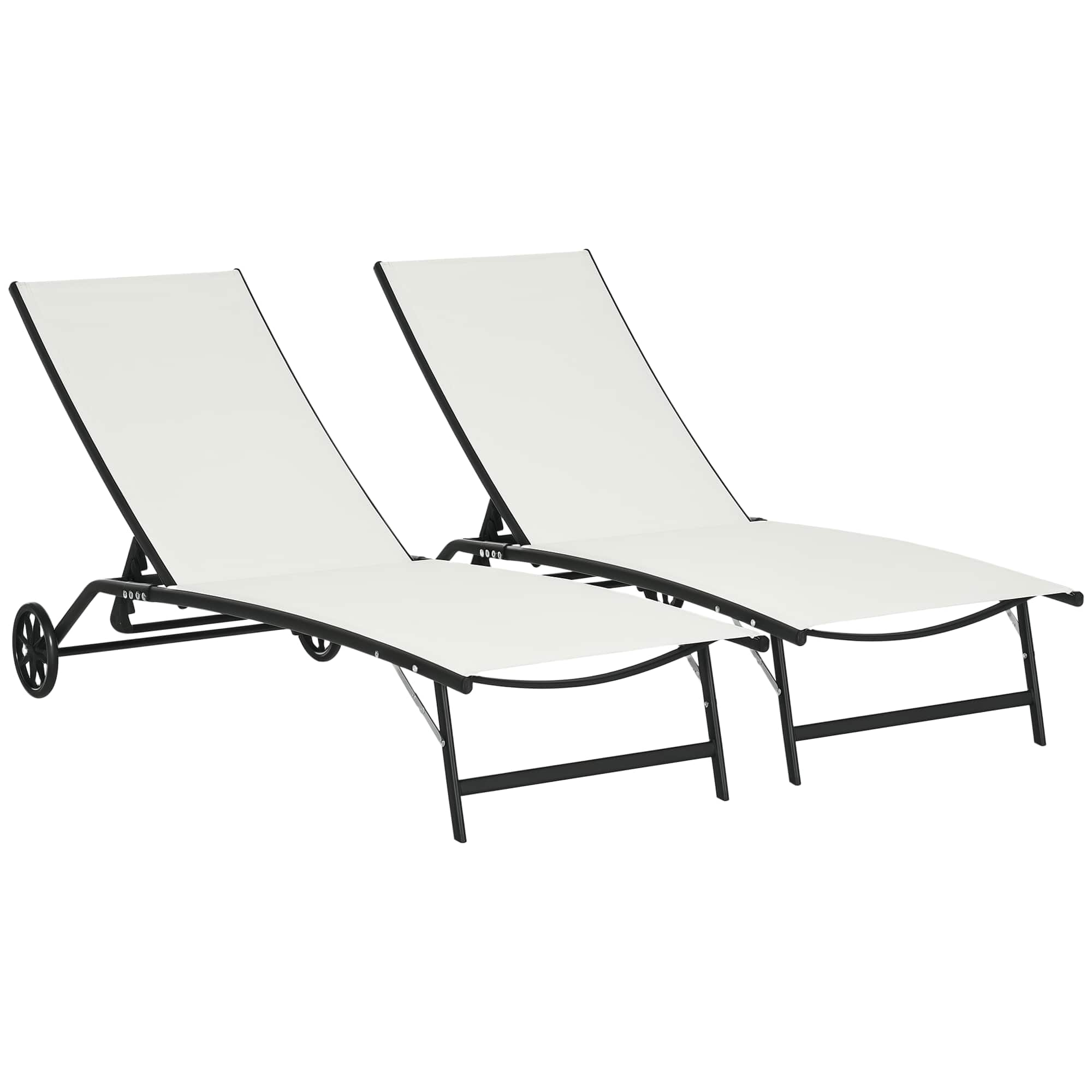 Outsunny - Chaise Lounge Outdoor, 2 Piece Lounge Chair with Wheels, Tanning Chair with 5 Adjustable Positions for Patio, Beach - Cream White