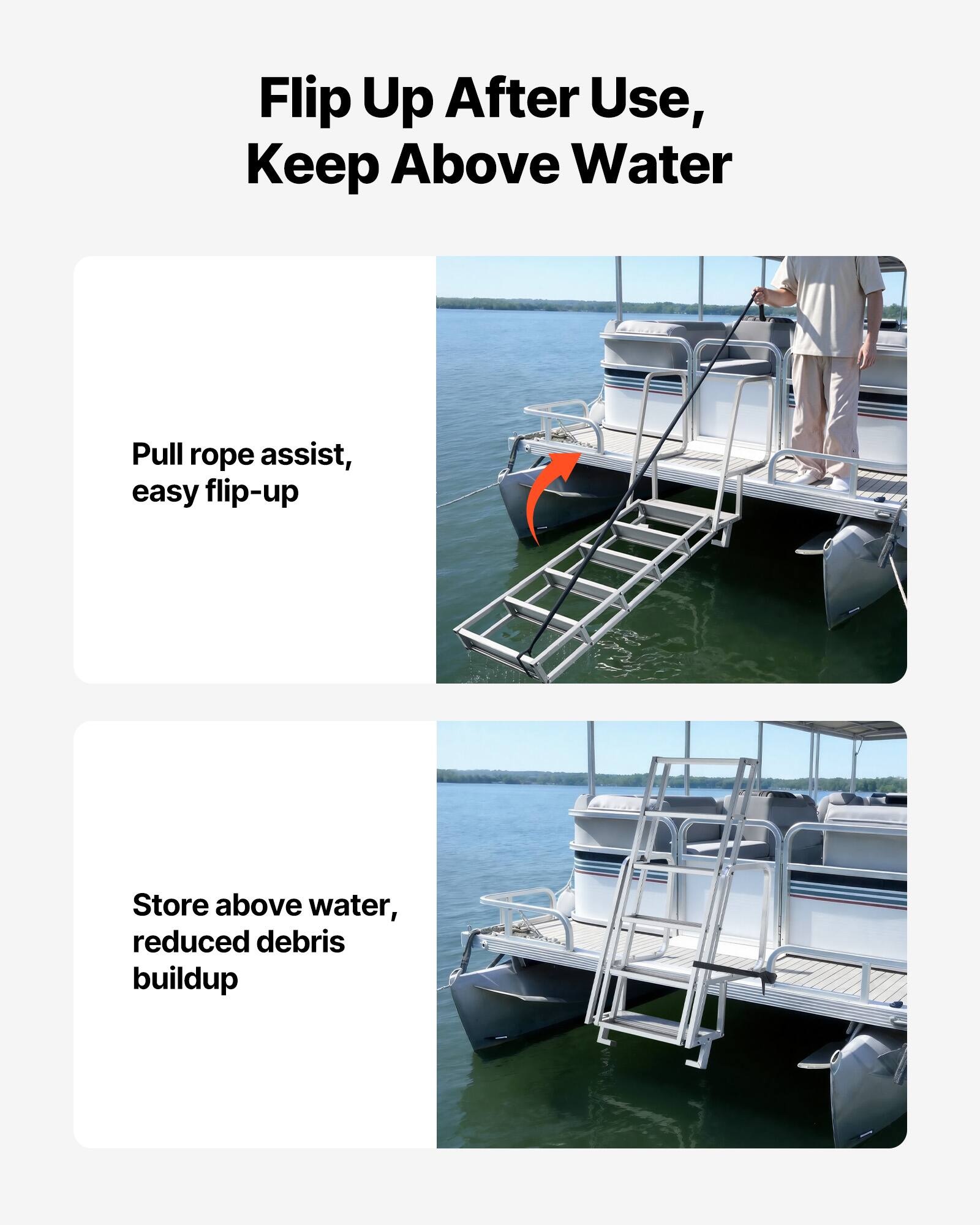Flip Up After Use, Keep Above Water

- Pull rope assist, easy flip-up
- Store above water, reduced debris buildup