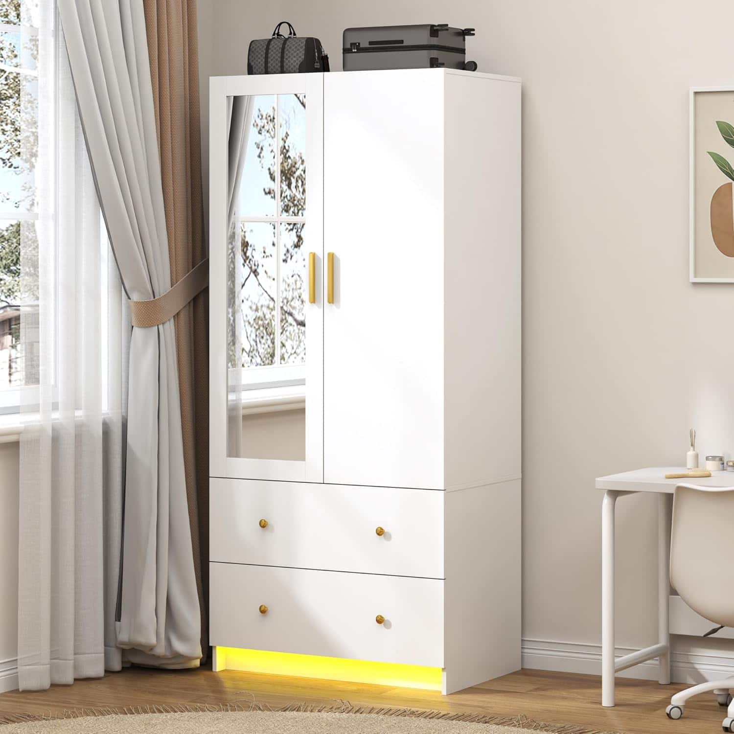 Espafurni - 2 - Door Mirrored Wardrobe with LED - Small Bedroom Armoire, Drawers & Hanging Rod - White price history on PriceWatchPro