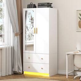 Espafurni - 2 - Door Mirrored Wardrobe with LED - Small Bedroom Armoire, Drawers & Hanging Rod - White