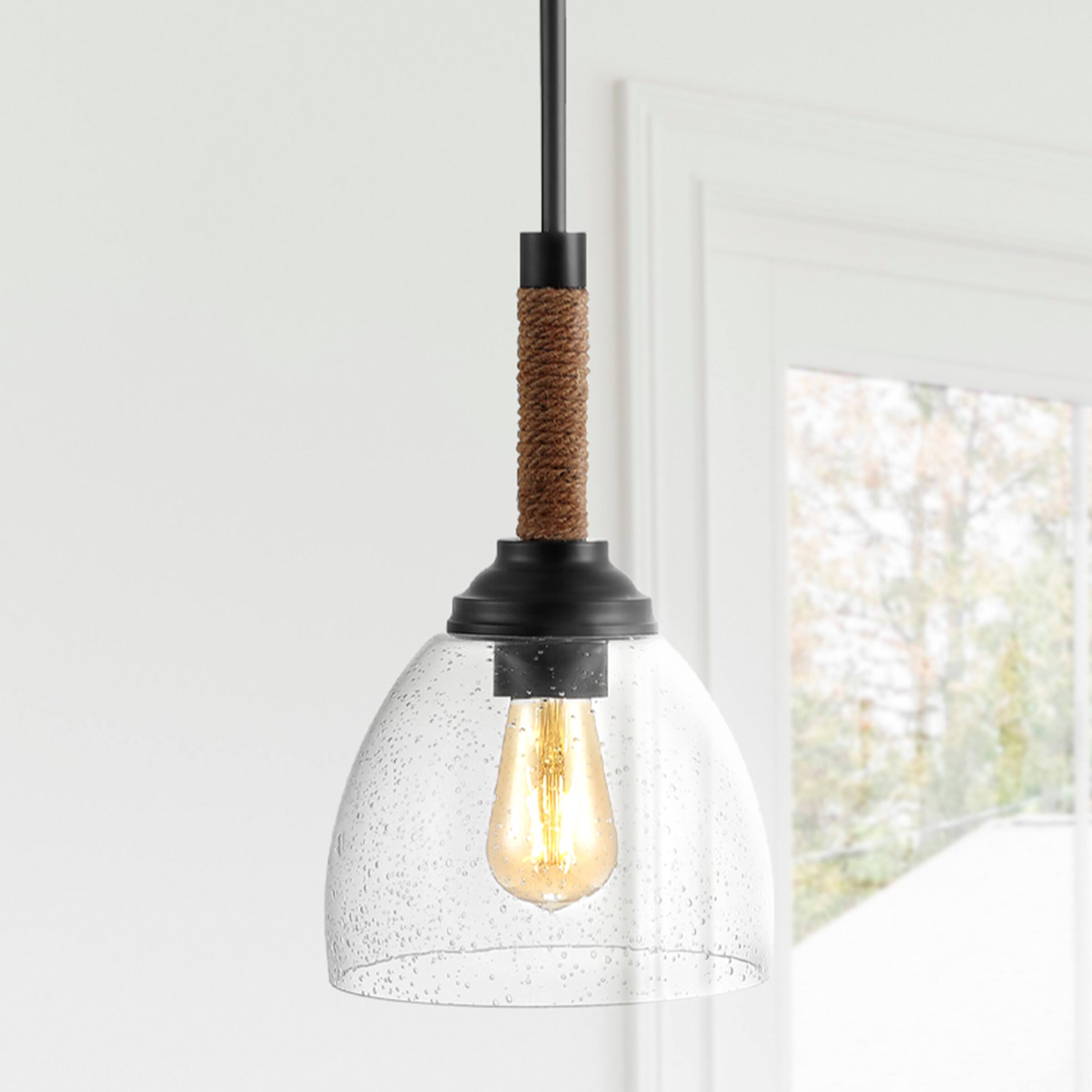 Alt View 1. Jonathan Y - Alys 7.63" Adjustable Rope-Wrap Modern Rustic Iron/Glass LED Pendant, Black - Black.