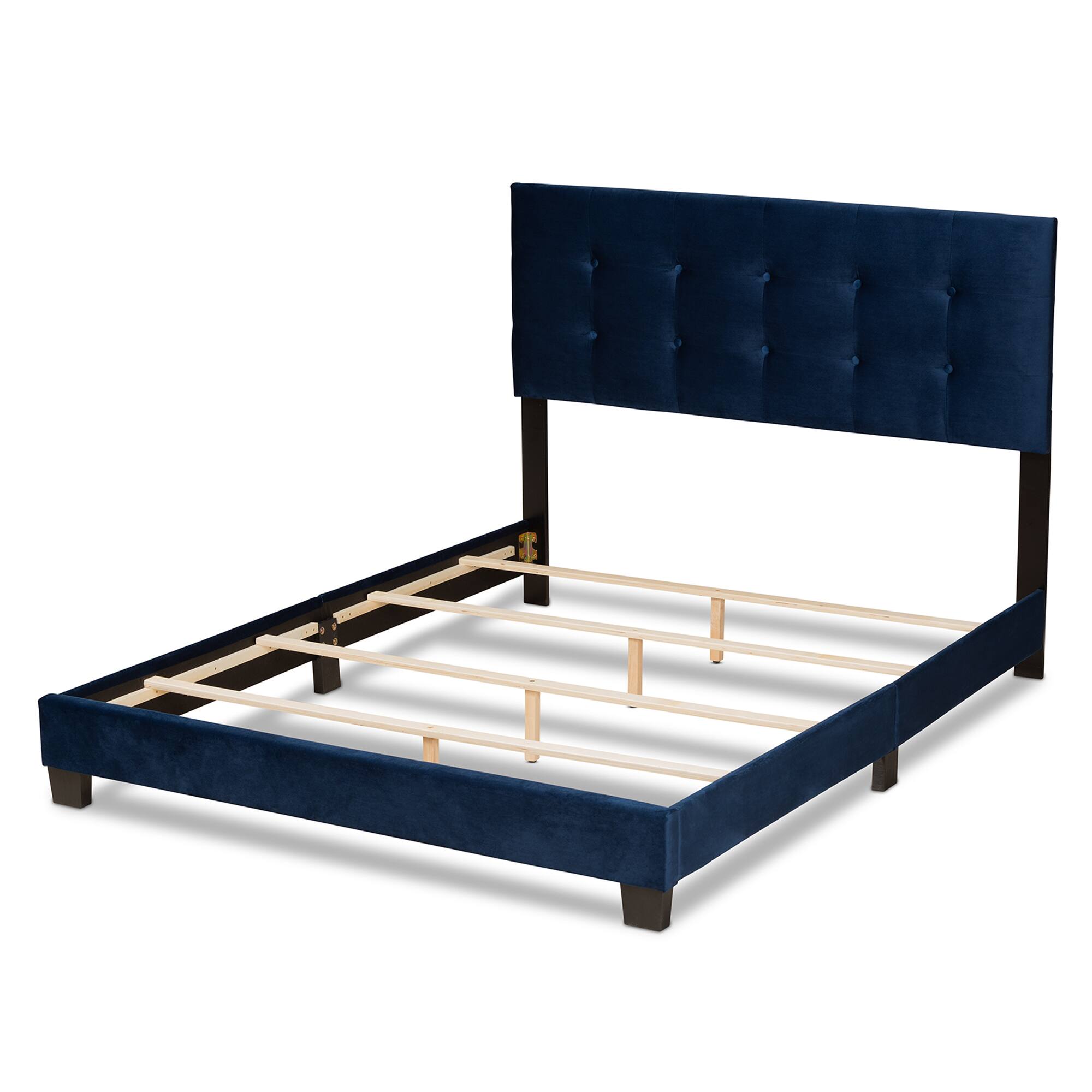 Left. Baxton Studio - Caprice Modern and Contemporary Glam Velvet Fabric Upholstered Panel Bed - Navy Blue/Black.