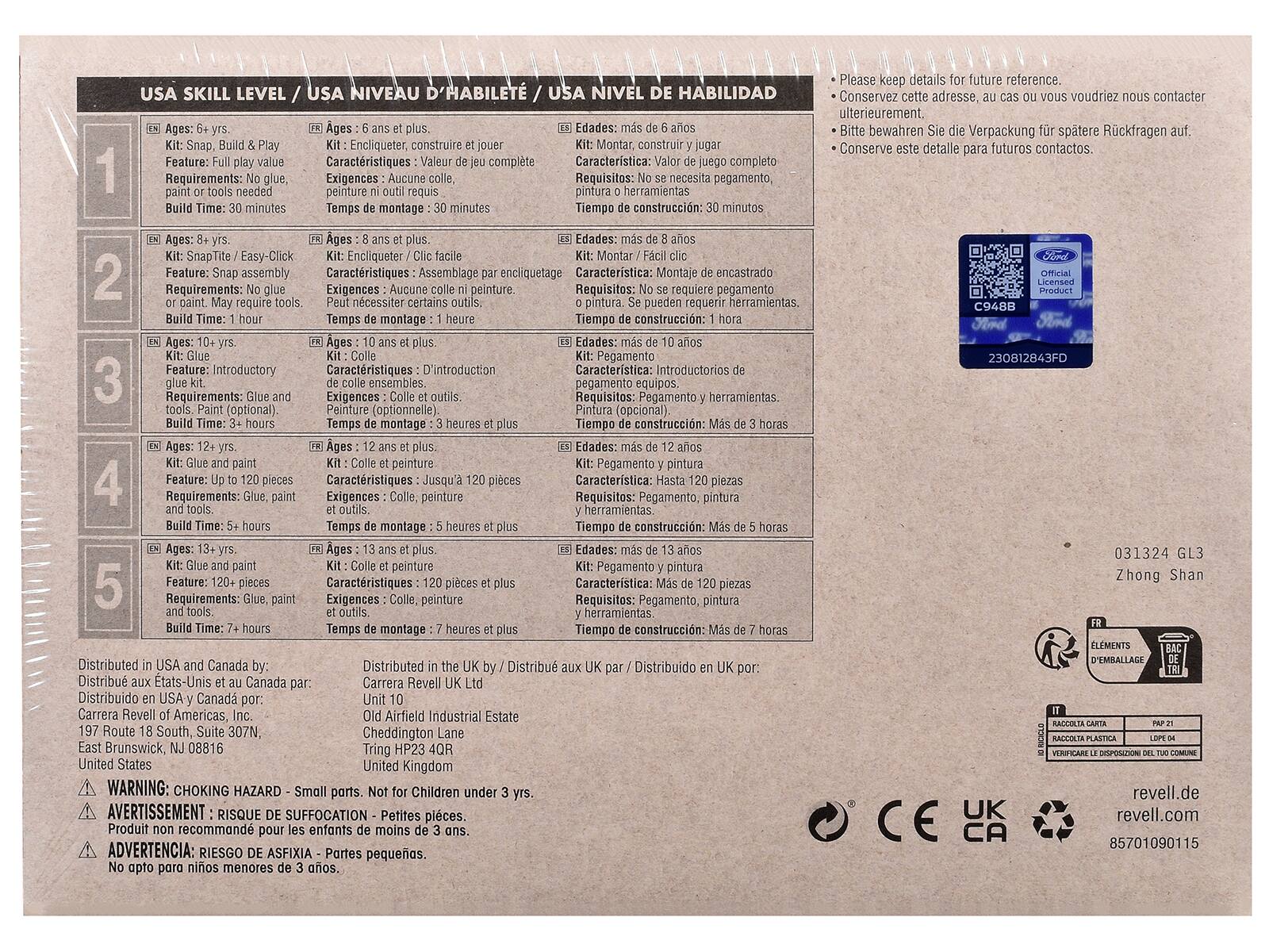 **USA SKILL LEVEL / USA NIVEAU / USA NIVEL DE HABILIDAD**

**1**  
Ages: 6+ yrs  
Kit: Snap, Build & Play  
Feature: Full play value  
Requirements: No glue, paint or tools needed  
Build Time: 30 minutes  

Ages: 6 ans et plus  
Kit: Montar, construir y jugar  
Características: Valor de juego completo  
Exigencias: Aucune.  
Temps de montage: 30 minutes  

Edades: más de 6 años  
Kit: Montar, construir y jugar  
Características: Valor de juego completo  
Requisitos: No necesita pegamento, pintura o herramientas  
Tiempo de construcción: 30 minutos  

**2**  
Ages: 8+ yrs  
Kit: Snapit/2 Click  
Feature: Snap assembly  
Requirements: No glue or paint. May require tools  
Build Time: 1 hour  

Ages: 8 ans et plus  
Kit: Montage par encliquetage  
Características: Assemblage par encliquetage  
Exigencias: Aucun.  
Peut nécessiter des
