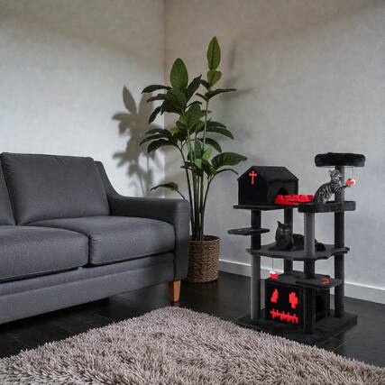 Front. BreeBe - Gothic Cat Activity Tree, 49 Inches Tall with Six Tiers and Coffin Bed - Black.