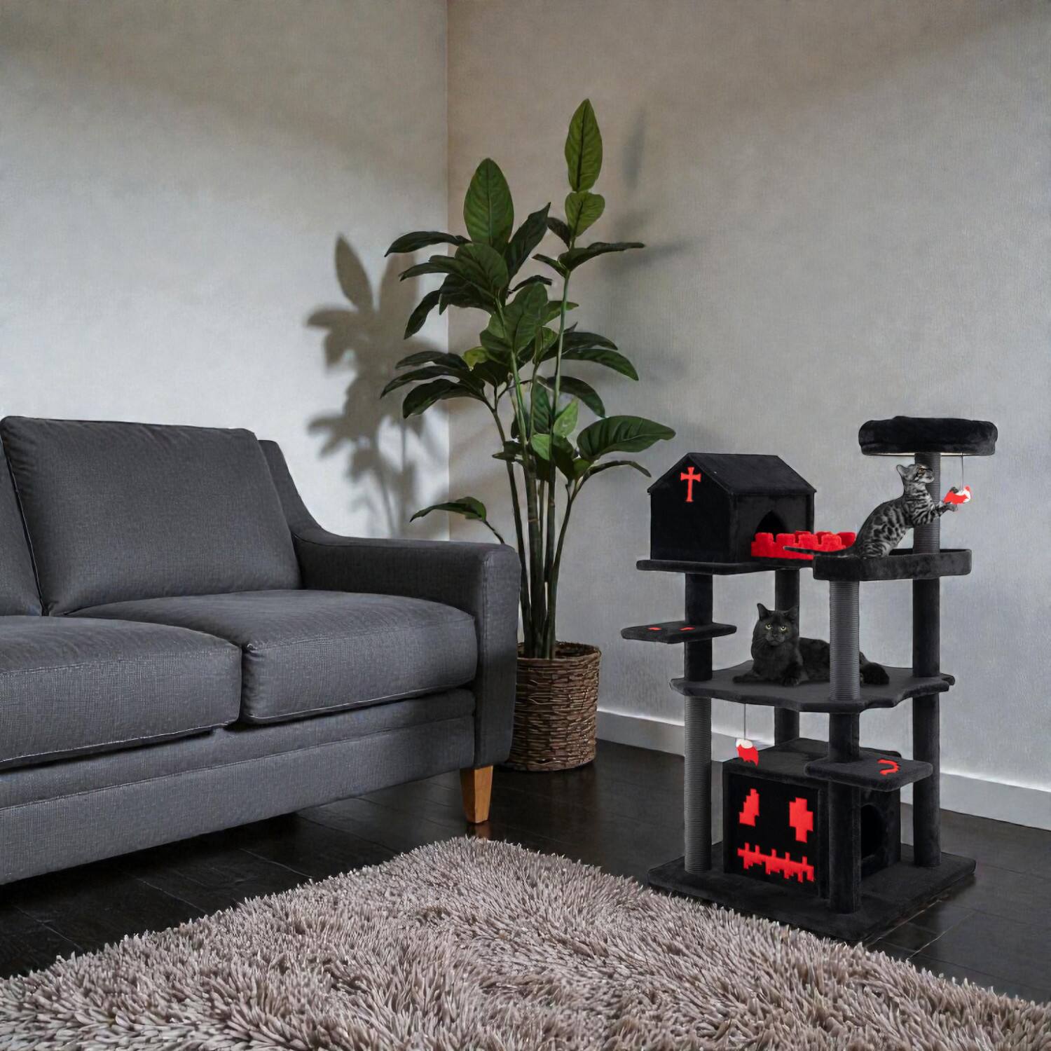 Front. BreeBe - Gothic Cat Activity Tree, 49 Inches Tall with Six Tiers and Coffin Bed - Black.