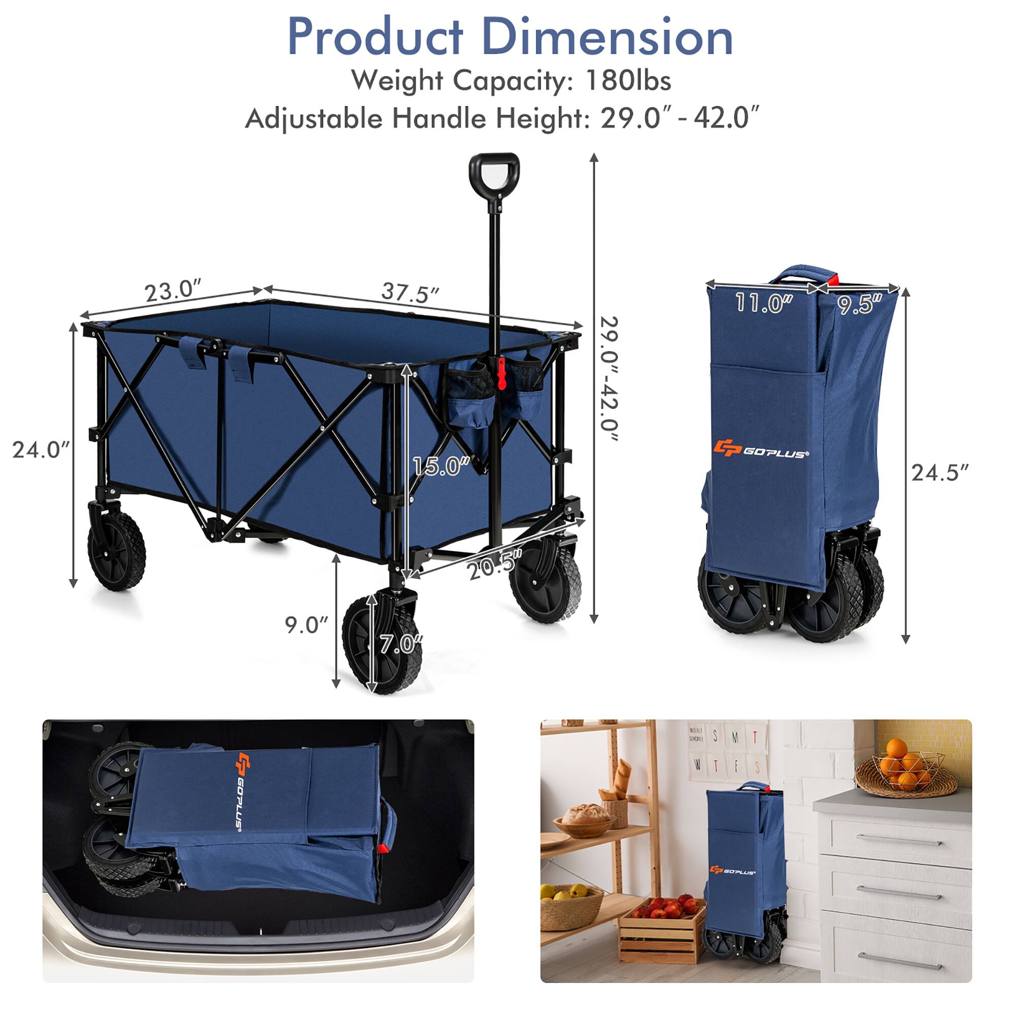 Product Dimension Weight Capacity: 180lbs Adjustable Handle Height: 29.0" - 42.0" 24.0" 23.0" 37.5" 15.0" 29.0" - 42.0" 11.0" 9.5" GP GOPLUS 24.5" 9.0" 4 7.0 20.5" SOPLUIE - i I ... : Y I 1 1 O- A