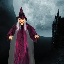 Sunoyar - 71" Life Size Hanging Witch Decoration, Animated Talking Halloween Prop with Sound, Indoor/Outdoor Haunted House Decor - Purple