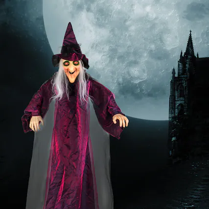 Front. Sunoyar - 71" Life Size Hanging Witch Decoration, Animated Talking Halloween Prop with Sound, Indoor/Outdoor Haunted House Decor - Purple.