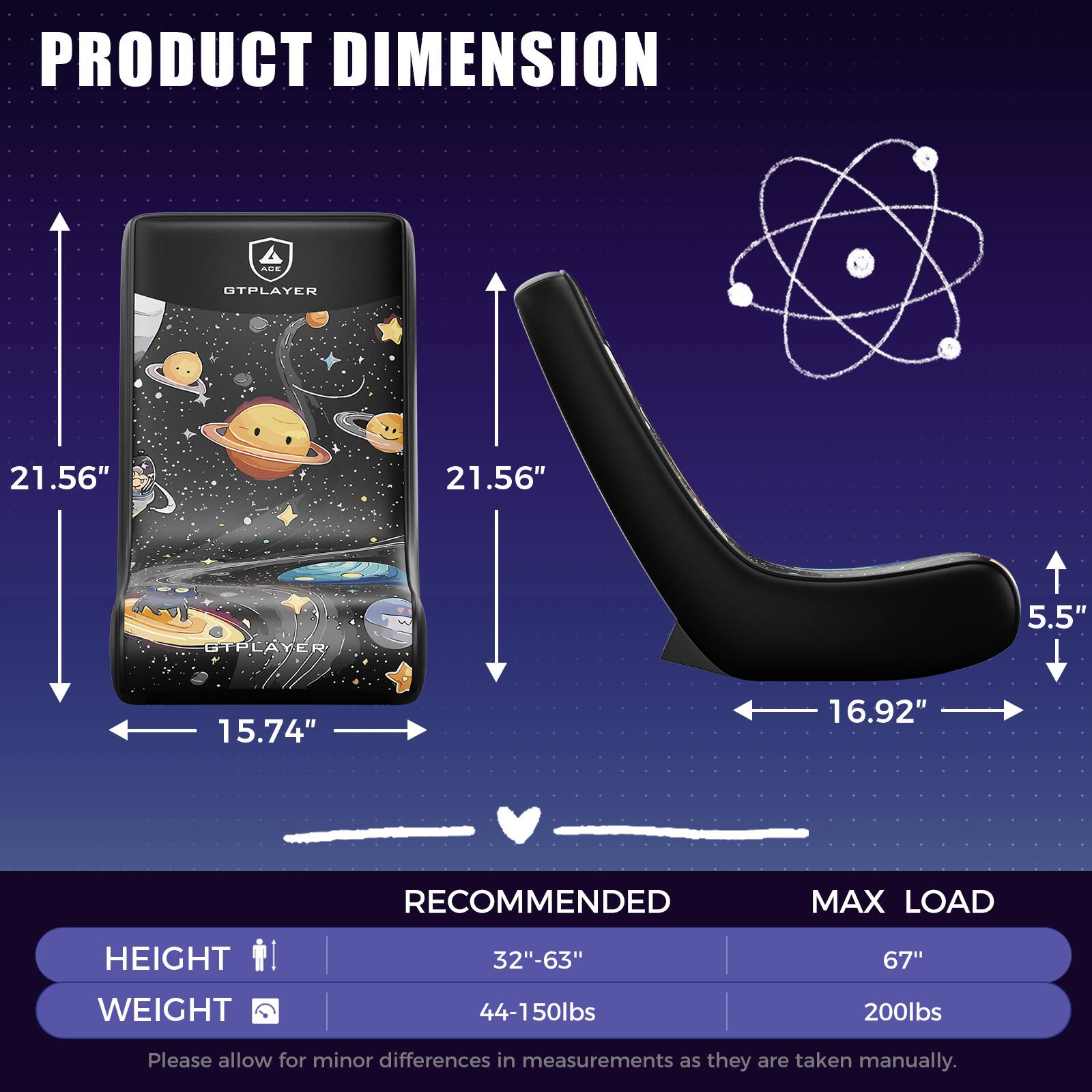 **PRODUCT DIMENSION**

- **STPLAYER**
  - Width: 21.56"
  - Height: 21.56"
  - Depth: 15.74"

- **GTPLAYER**
  - Width: 16.92"
  - Height: 5.5"

**RECOMMENDED MAX LOAD**

- **HEIGHT**
  - Recommended: 32"-63"
  - Max Load: 67"

- **WEIGHT**
  - Recommended: 44-150lbs
  - Max Load: 200lbs

*Please allow for minor differences in measurements as they are taken manually.*