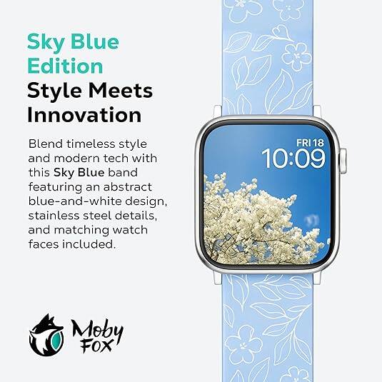 Sky Blue Edition  
Style Meets Innovation  

Blend timeless style and modern tech with this Sky Blue band featuring an abstract blue-and-white design, stainless steel details, and matching watch faces included.  

FRI 18  
10:09  

Moby FOX