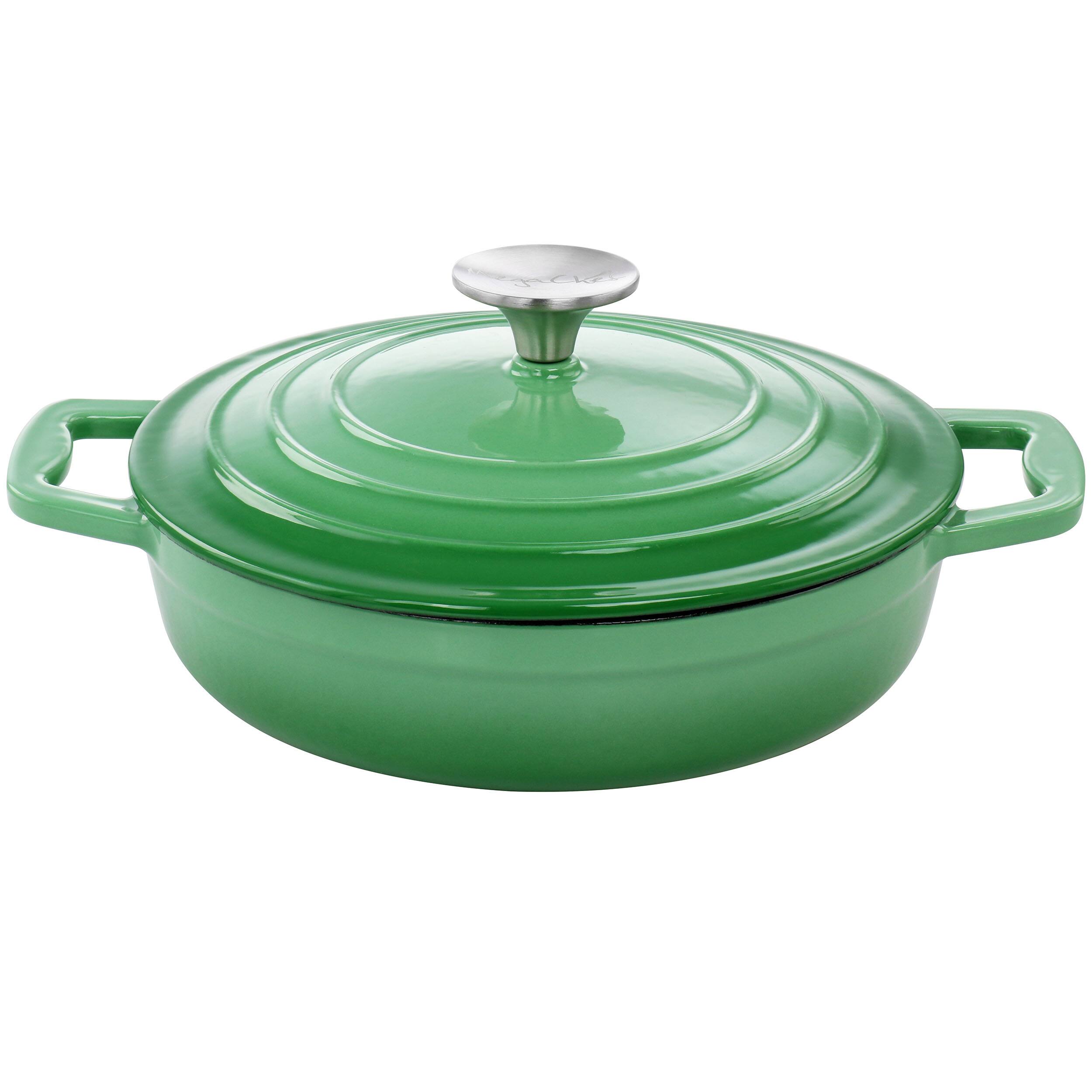 Alt View 1. MegaChef - MegaChef 2 Quart Round Enameled Cast Iron Braiser Pan in Green - Green.