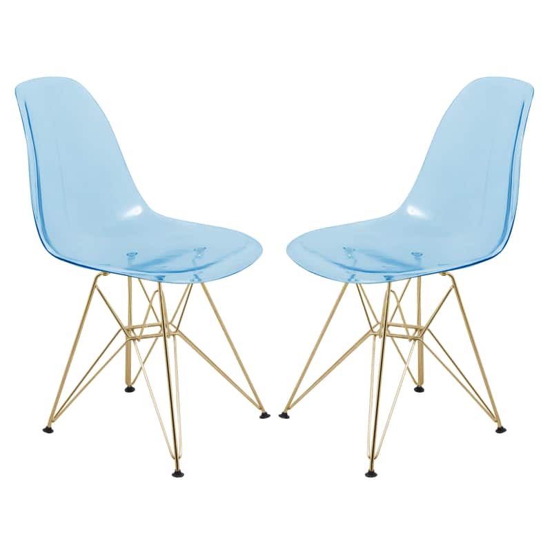Front. LeisureMod - Cresco 2-Pieces Acrylic Dining Chair with Curved Seat and Durable Gold Metal Legs - Transparent Blue.