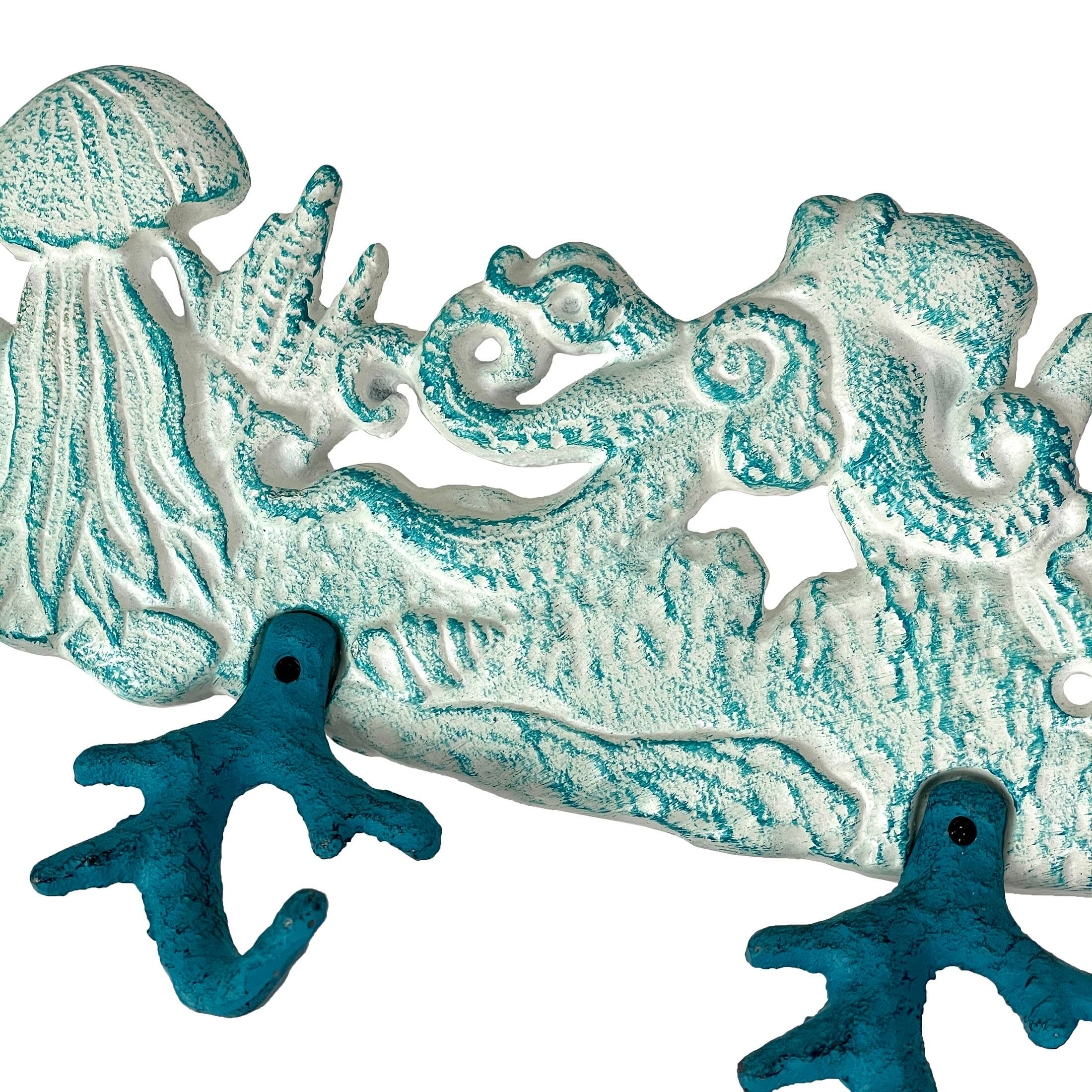 Alt View 2. Zeckos - Cast Iron Sealife Plaque with Coral Hooks - Coastal Wall Decor - Blue.