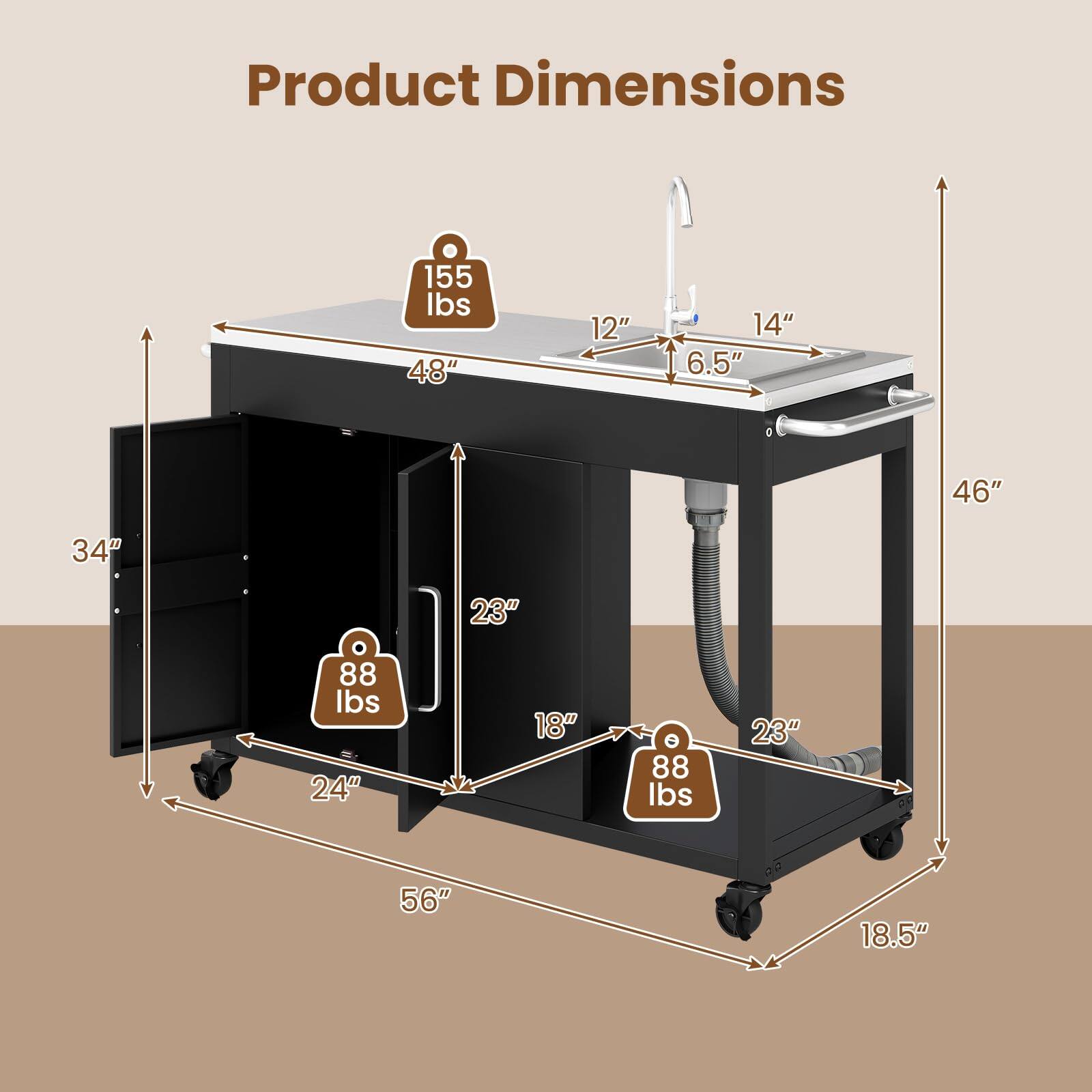 Product Dimensions:  
- 155 lbs  
- 48"  
- 12"  
- 14"  
- 6.5"  
- 46"  
- 34"  
- 23"  
- 88 lbs  
- 24"  
- 18"  
- 88 lbs  
- 23"  
- 56"  
- 18.5"
