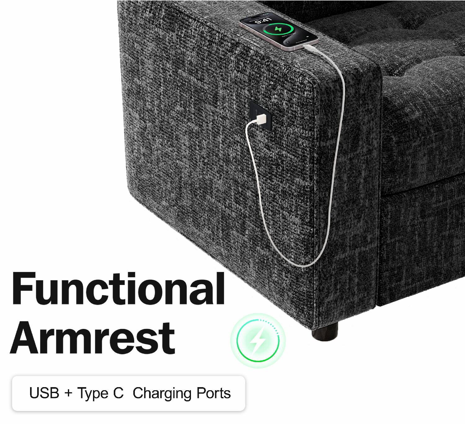 Functional Armrest

USB + Type C Charging Ports