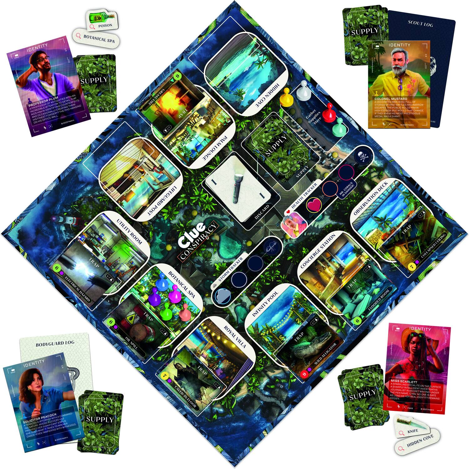Identity, Supply, Botanical Spa, Bodyguard Log, Observation Post, Concierge Station, Infinity Pool, Villa, Miss Scarlet, Plum, Hidden Cove, Poison, Utility Trap, Tracker Trap, Palm Lounge, Knife, Miss Peacock, Colonel Mustard, Room, Clue, Concierge Station, Botanical Spa, Observation Post, Infinity Pool, Villa, Miss Scarlet, Plum, Hidden Cove, Poison, Utility Trap, Tracker Trap, Palm Lounge, Knife, Miss Peacock, Colonel Mustard, Room, Clue