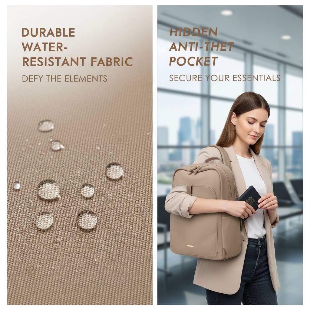 DURABLE WATER-RESISTANT FABRIC  
DEFY THE ELEMENTS  

HIDDEN ANTI-THEFT POCKET  
SECURE YOUR ESSENTIALS