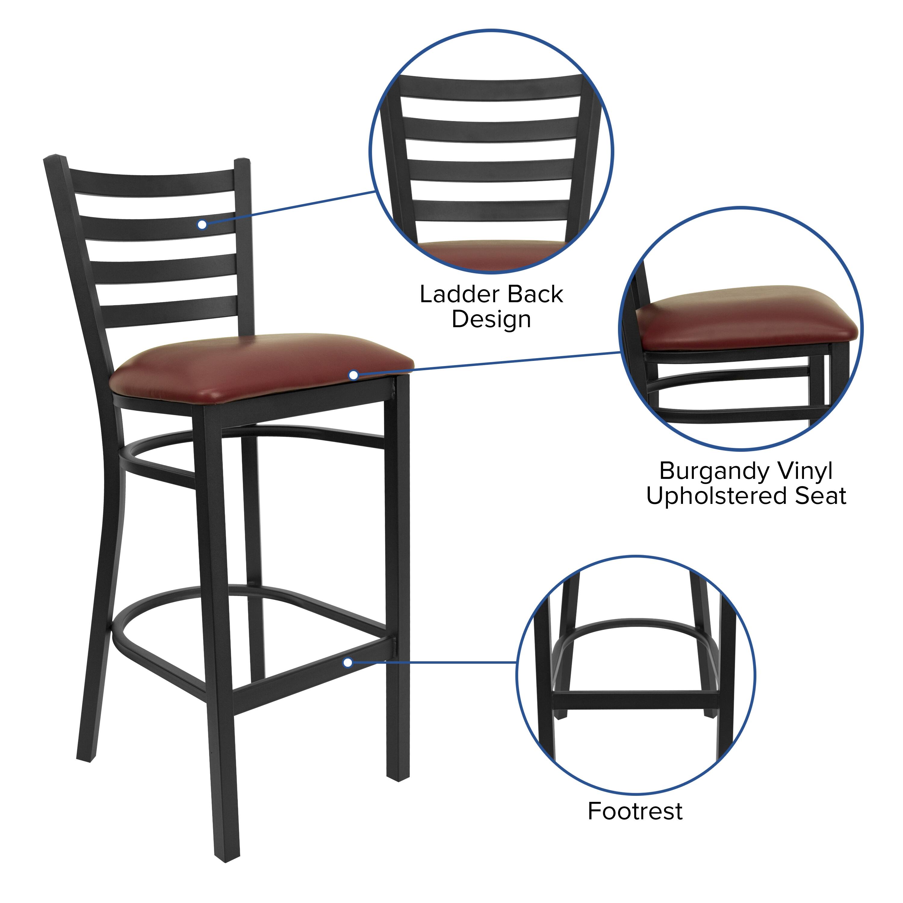 Ladder Back Design, Burgundy Vinyl Upholstered Seat, Footrest