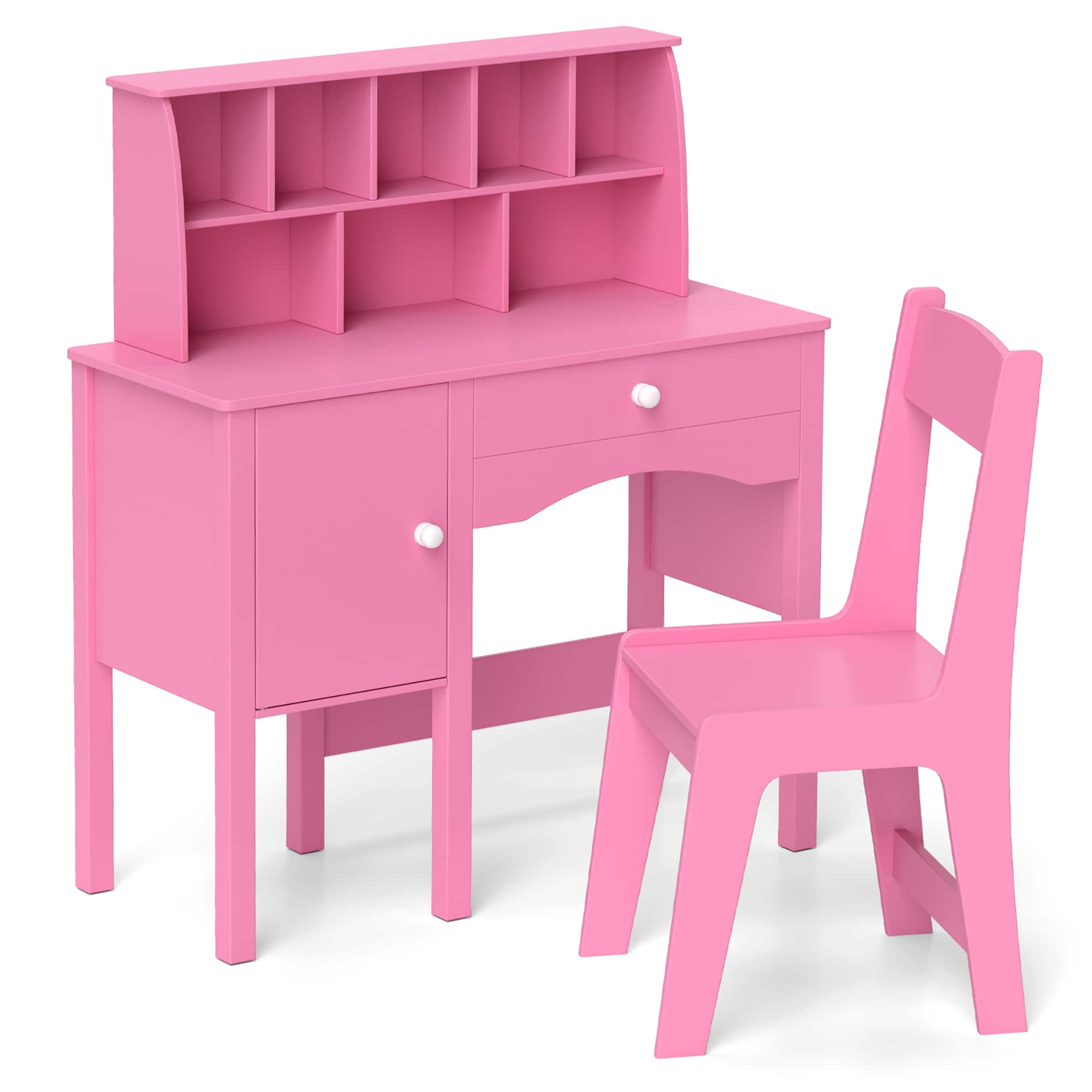 Gymax - Kids Study Desk & Chair Set Children Wooden Craft Table w/ Chair & Hutch - Pink