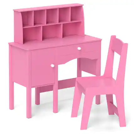 Front. Gymax - Gymax Kids Study Desk & Chair Set Children Wooden Craft Table w/ Chair & Hutch Pink - Pink.