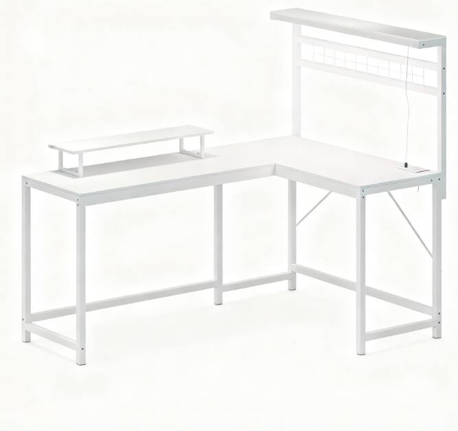 Angle. PexFix - L-Shaped Gaming Desk with Power Outlets & LED Lights, 51" Corner Desk with Monitor Stand - White.