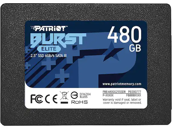 PATRIOT BURST ELITE
480 GB
2.5" SSD 6Gb/s SATA III
www.patriotmemory.com
PBE480GS25SSDR
PE000777
D36204
P-XXXXX
FBBBBXXXX
RoHS
FC CE
Warranty void if seal, label or cover is damaged or removed.