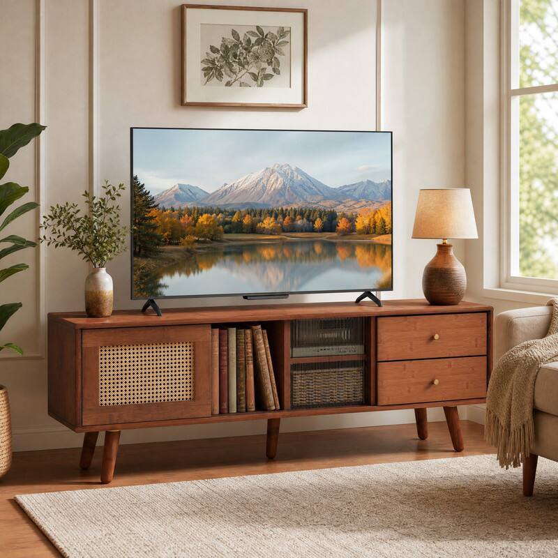 Angle. WELLFOR - TV Stand for TV up to 65 Inch with Adjustable Shelf & Rattan Doors, Entertainment Center Media Console - Brown.