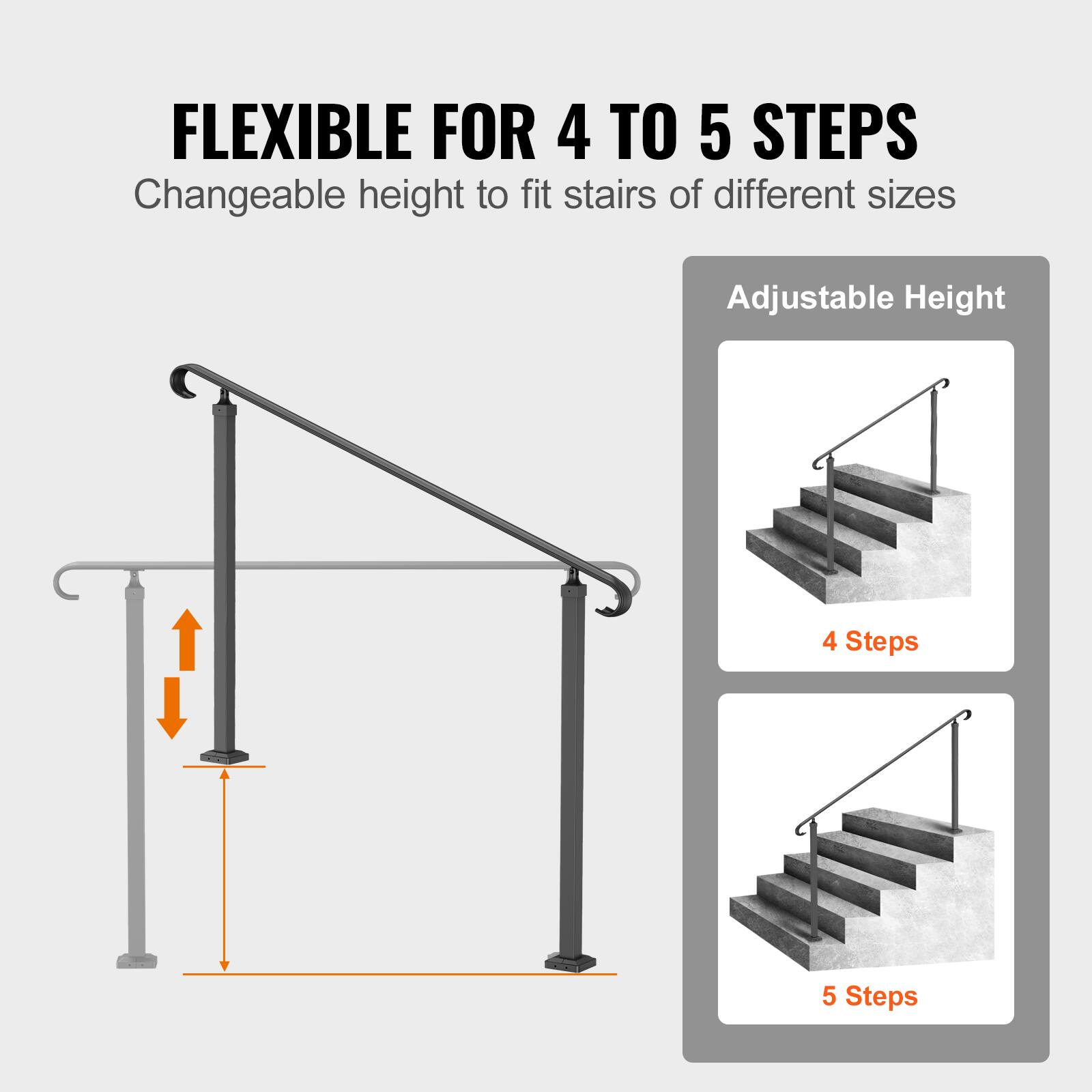 FLEXIBLE FOR 4 TO 5 STEPS, Changeable height to fit stairs of different sizes, Adjustable Height, 4 Steps, 5 Steps