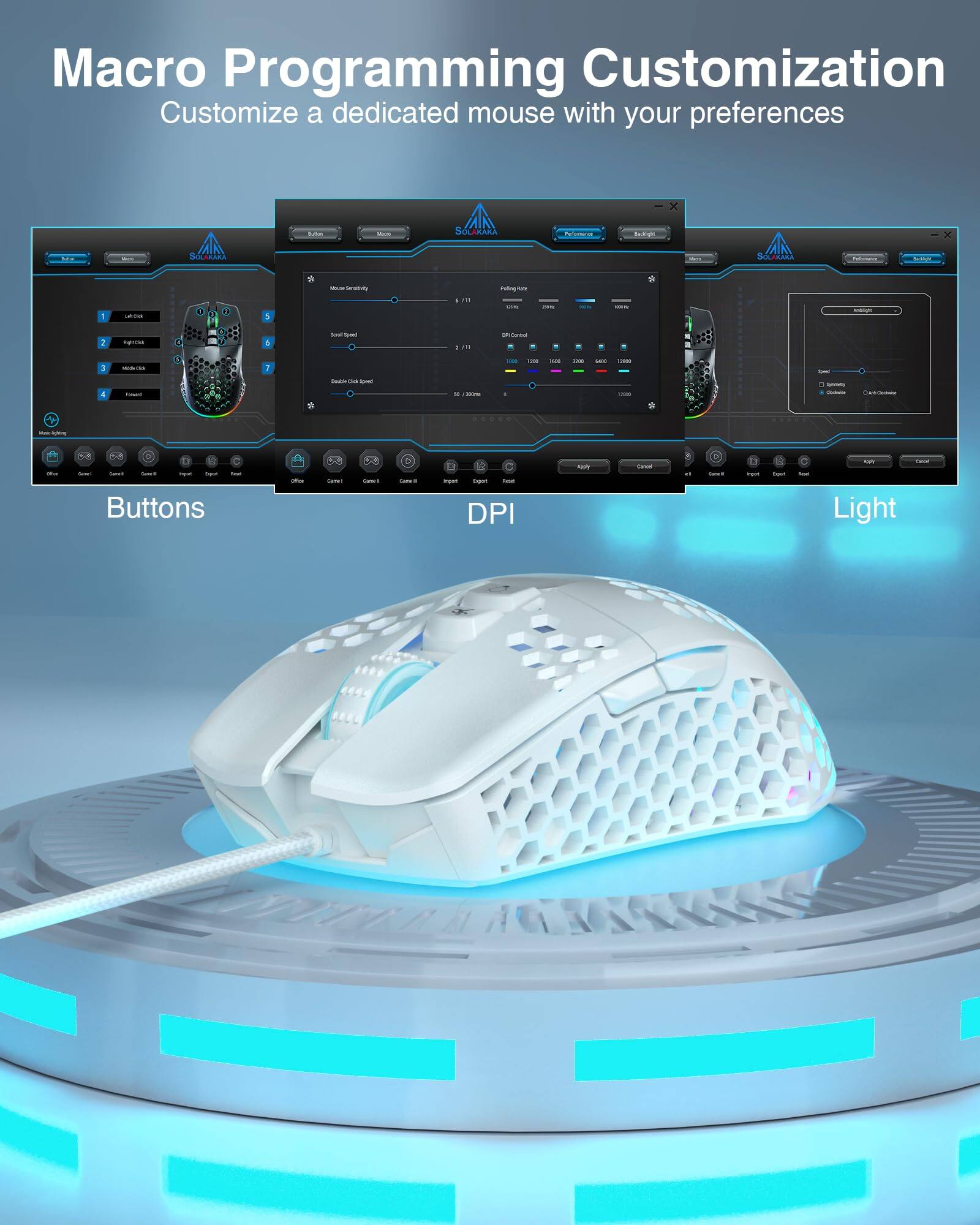 Macro Programming Customization  
Customize a dedicated mouse with your preferences  

Buttons  
DPI  
Light