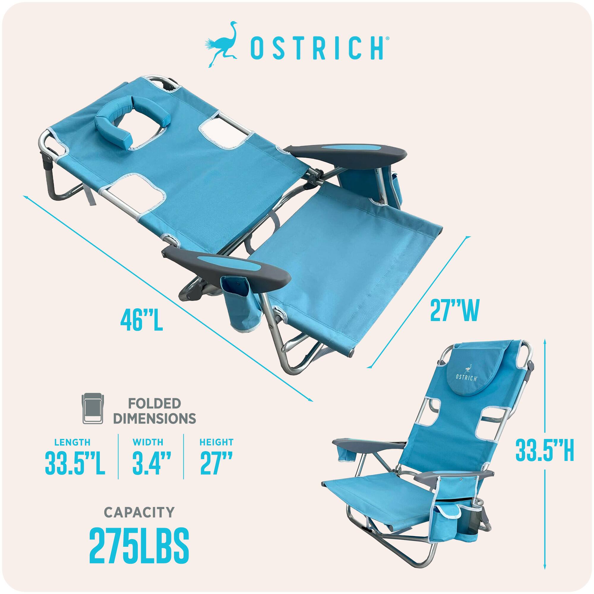 OSTRICH  
46"L x 27"W  

OSTRICH FOLDED DIMENSIONS  
LENGTH: 33.5"L  
WIDTH: 3.4"  
HEIGHT: 27"  

CAPACITY: 275LBS