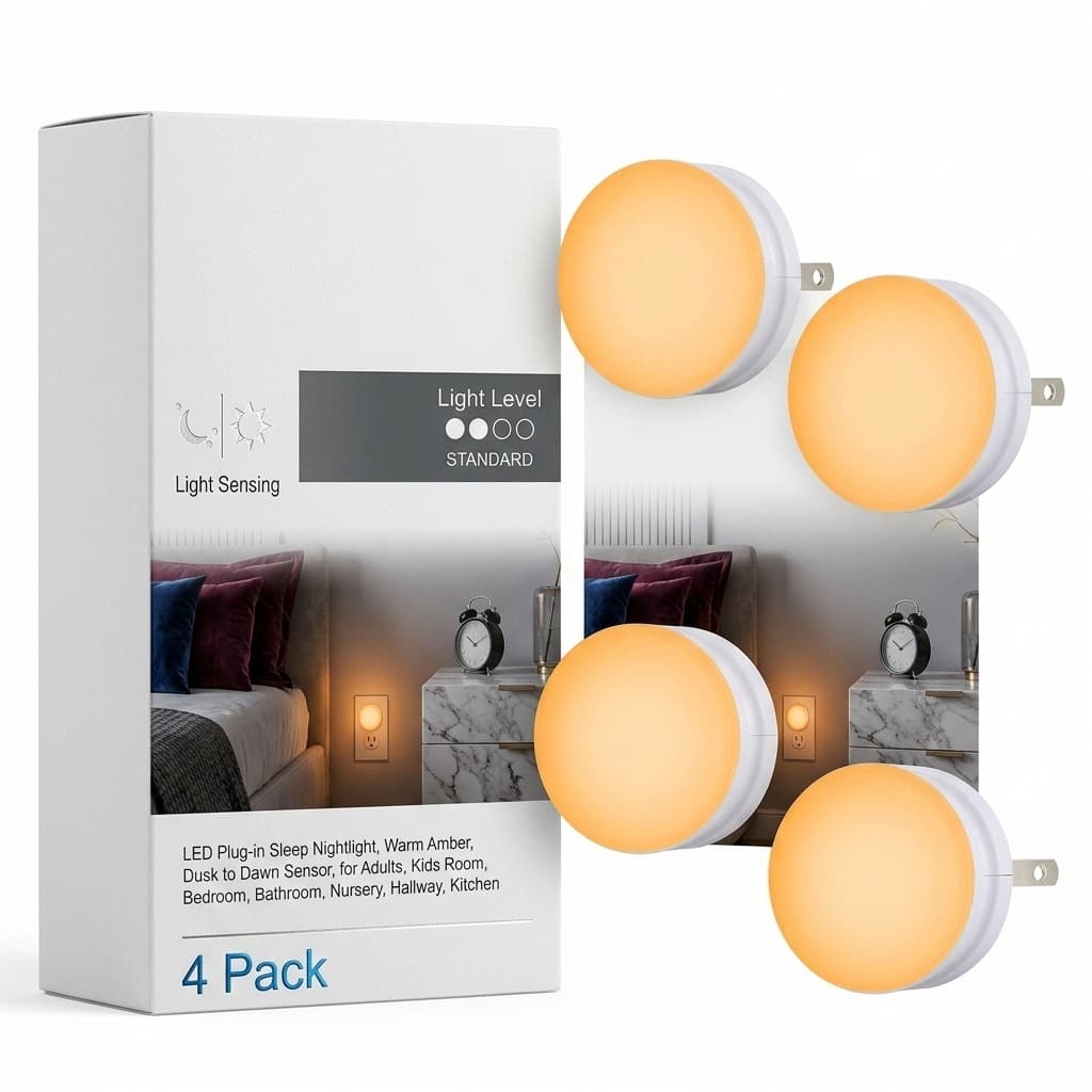 Dazzed Corner - 4-Pack LED Sleep Night Lights, Warm Amber Plug-In Wall Lamps - White