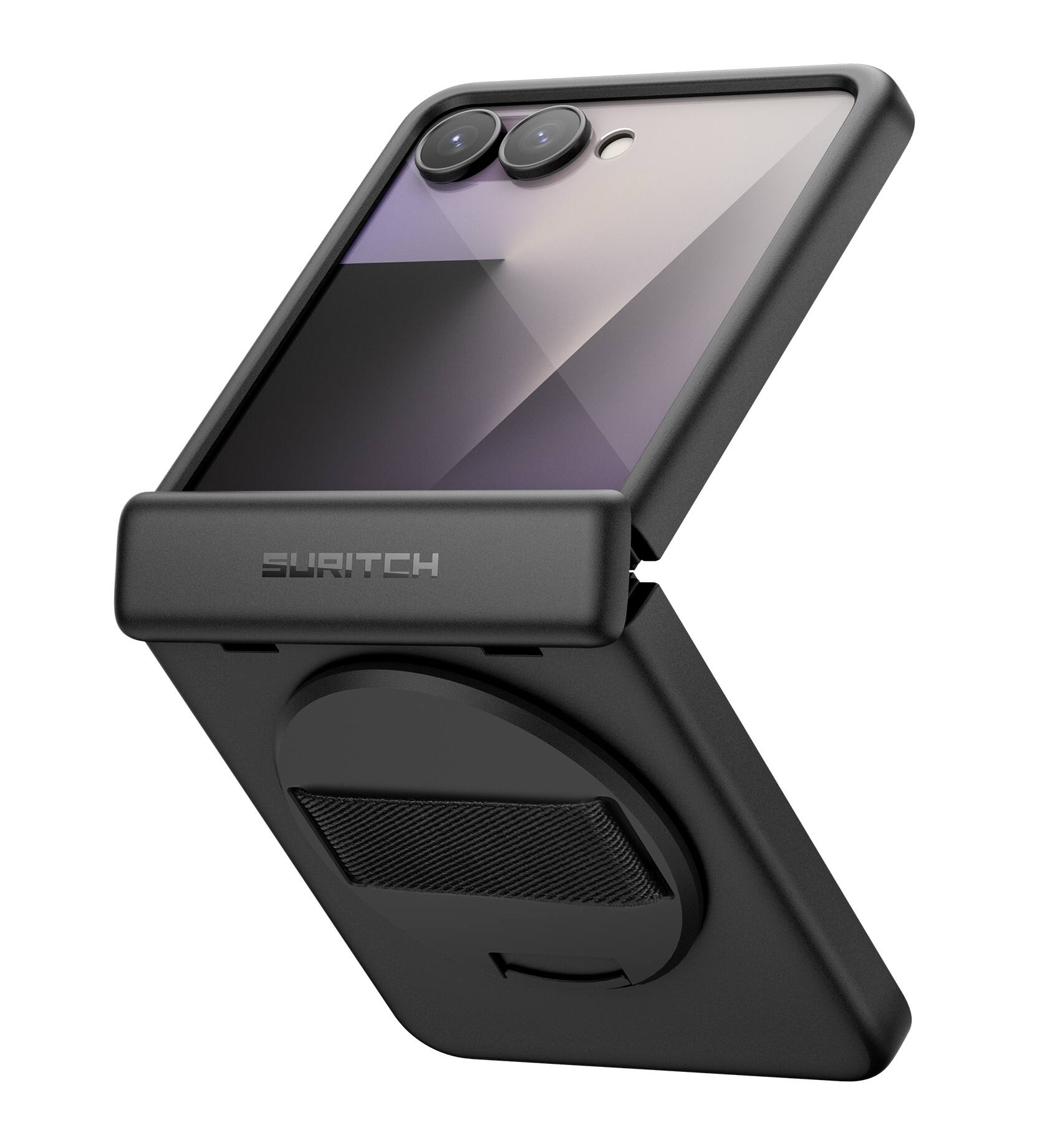 Left. SURITCH - Case for Samsung Galaxy Z Flip 7 with 360° Rotatable Hand Strap, Invisible Kickstand, Screen Protector, Protective Cover - Black.