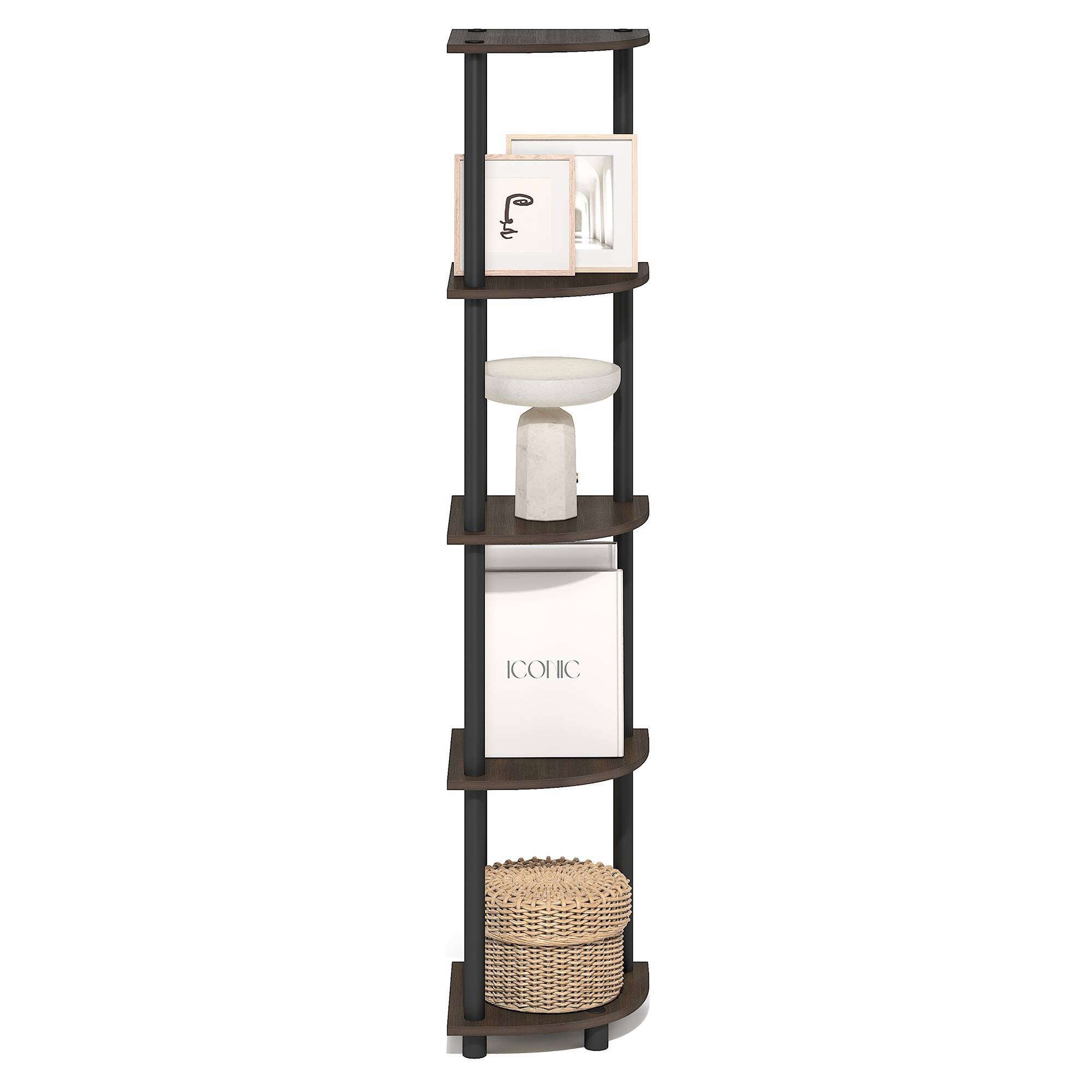 Alt View 5. Furinno - TURN-N-TUBE 5 Tier Corner Shelf, Corner Bookshelf, Display Shelf for Living Room, Bedroom - Brown Grain/Black.